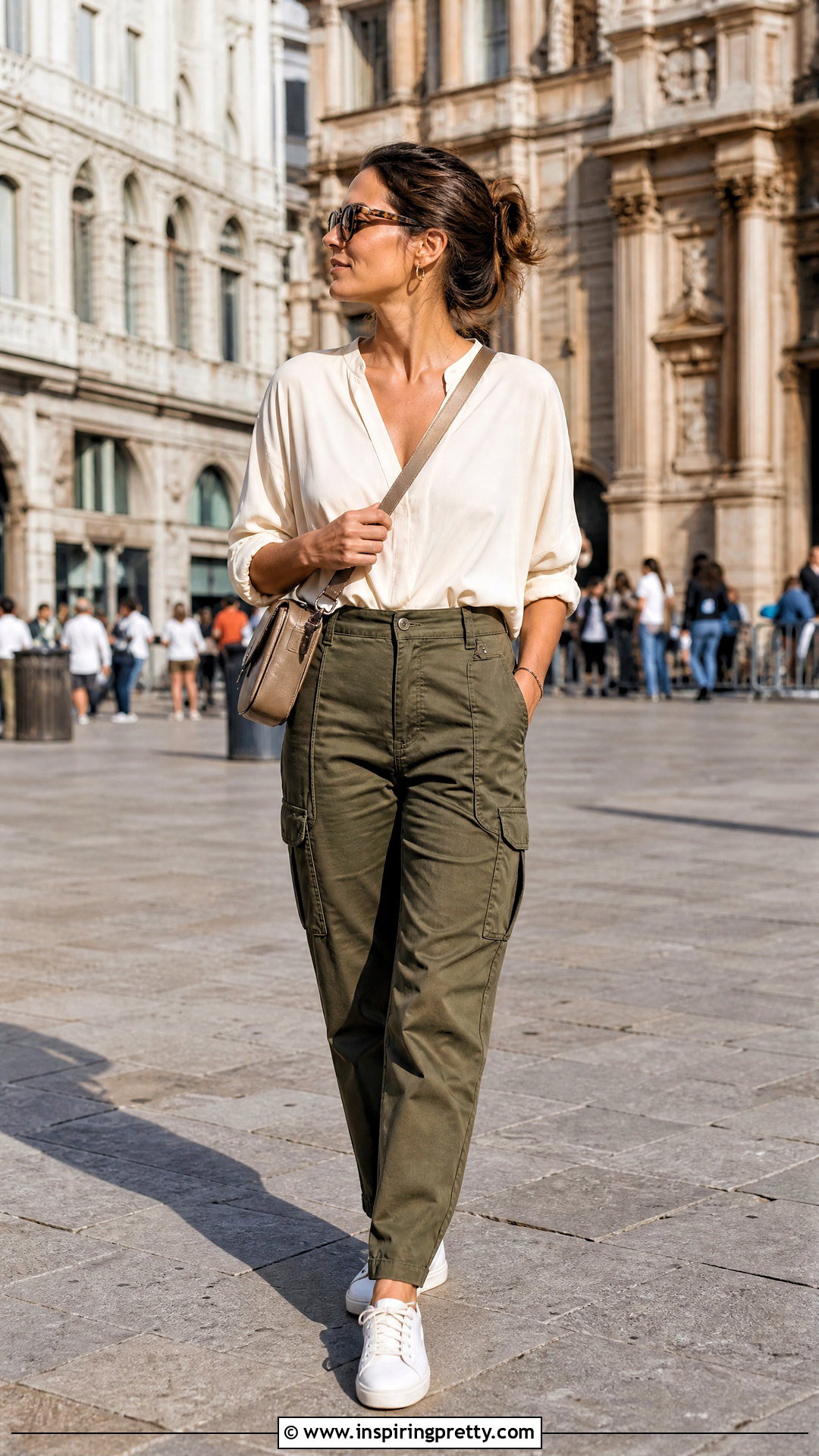 Flowy V Neck Top With Cargo Pants - 50 cute flowy tops outfit ideas