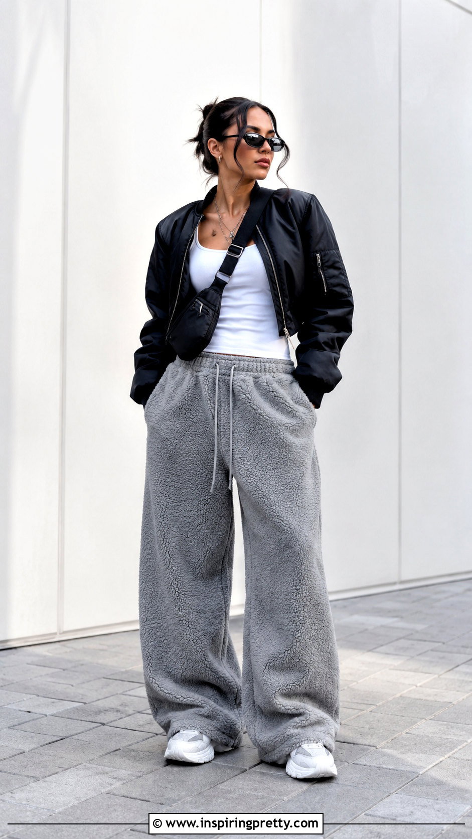 Fluffy Grey Trousers And White Tank Top With A Bomber Jacket - 20 fluffy grey trousers and a white tank top outfits