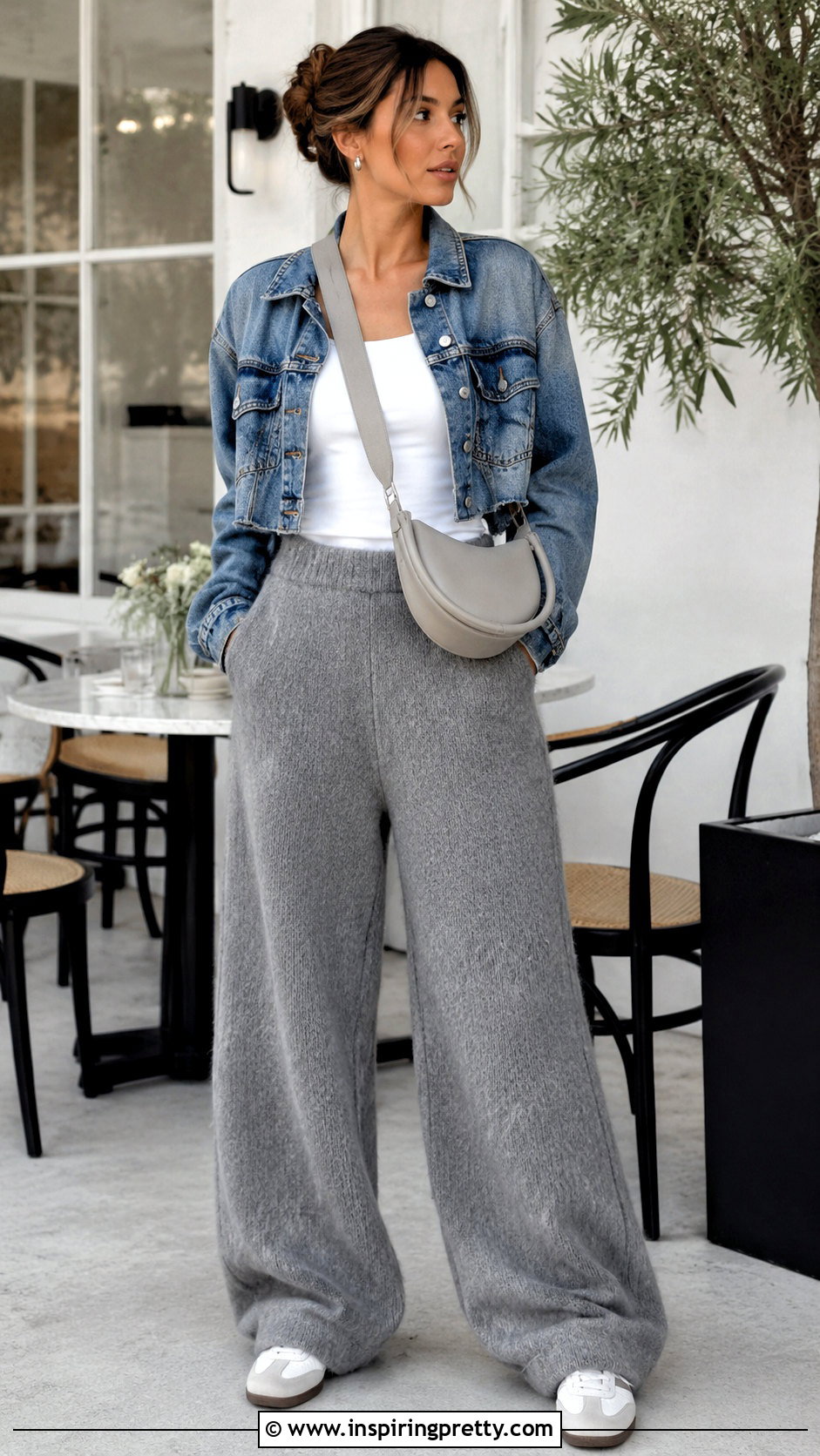 Fluffy Grey Trousers And White Tank Top With A Denim Jacket - 20 fluffy grey trousers and a white tank top outfits