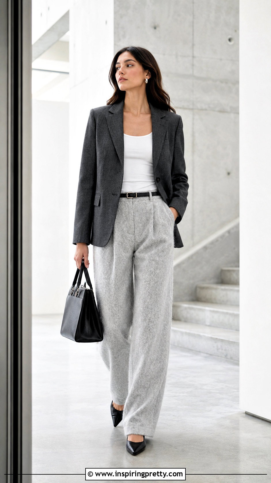 Fluffy Grey Trousers And White Tank Top With A Grey Blazer - 20 fluffy grey trousers and a white tank top outfits