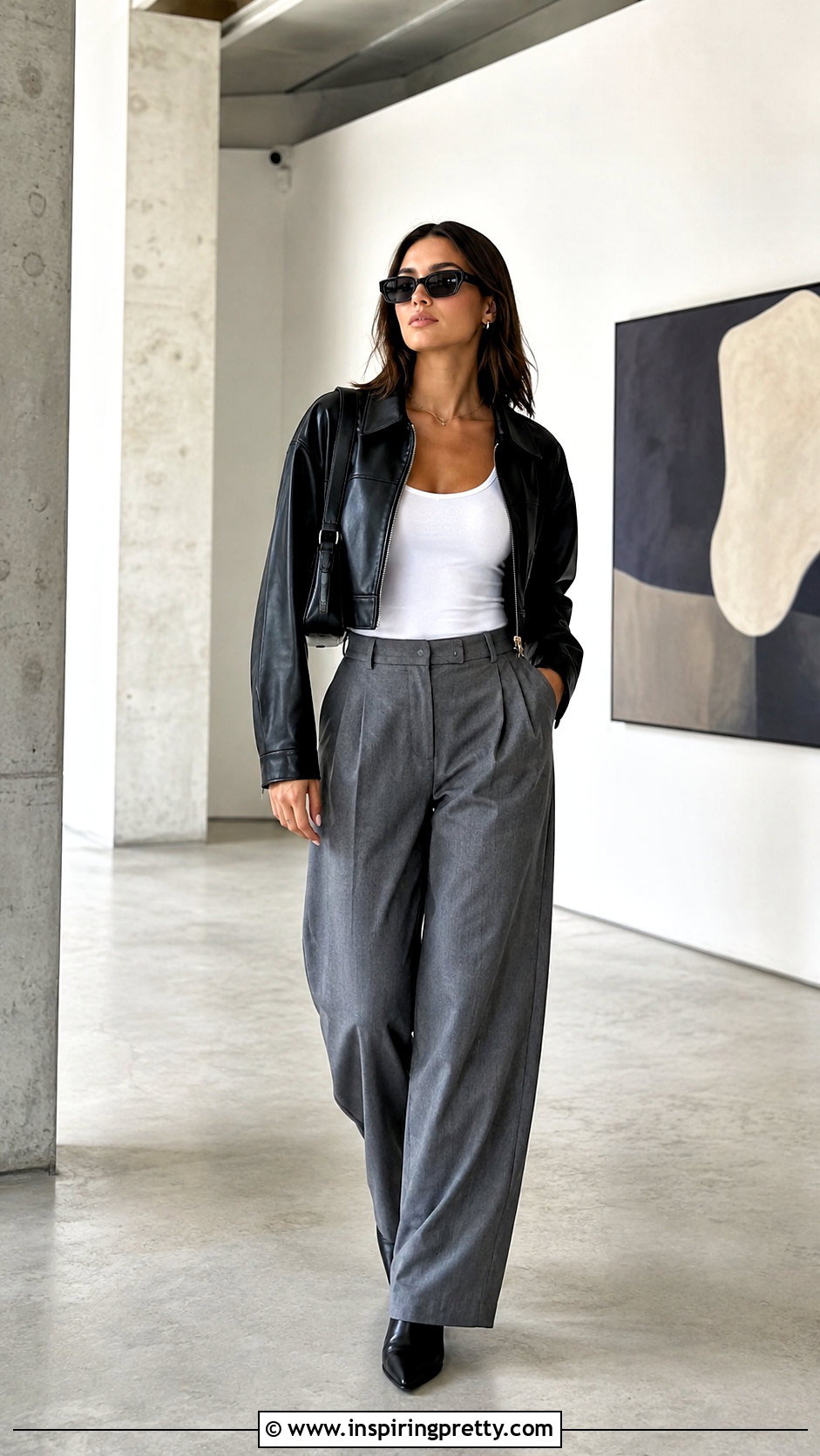 Fluffy Grey Trousers And White Tank Top With A Leather Jacket - 20 fluffy grey trousers and a white tank top outfits
