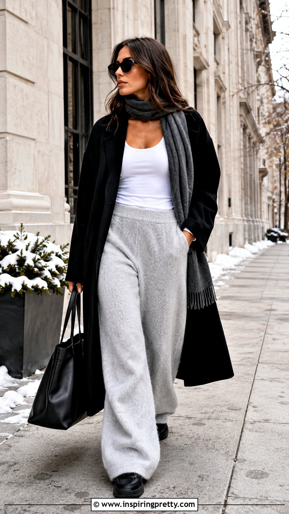 Fluffy Grey Trousers And White Tank Top With A Long Black Coat - 20 fluffy grey trousers and a white tank top outfits