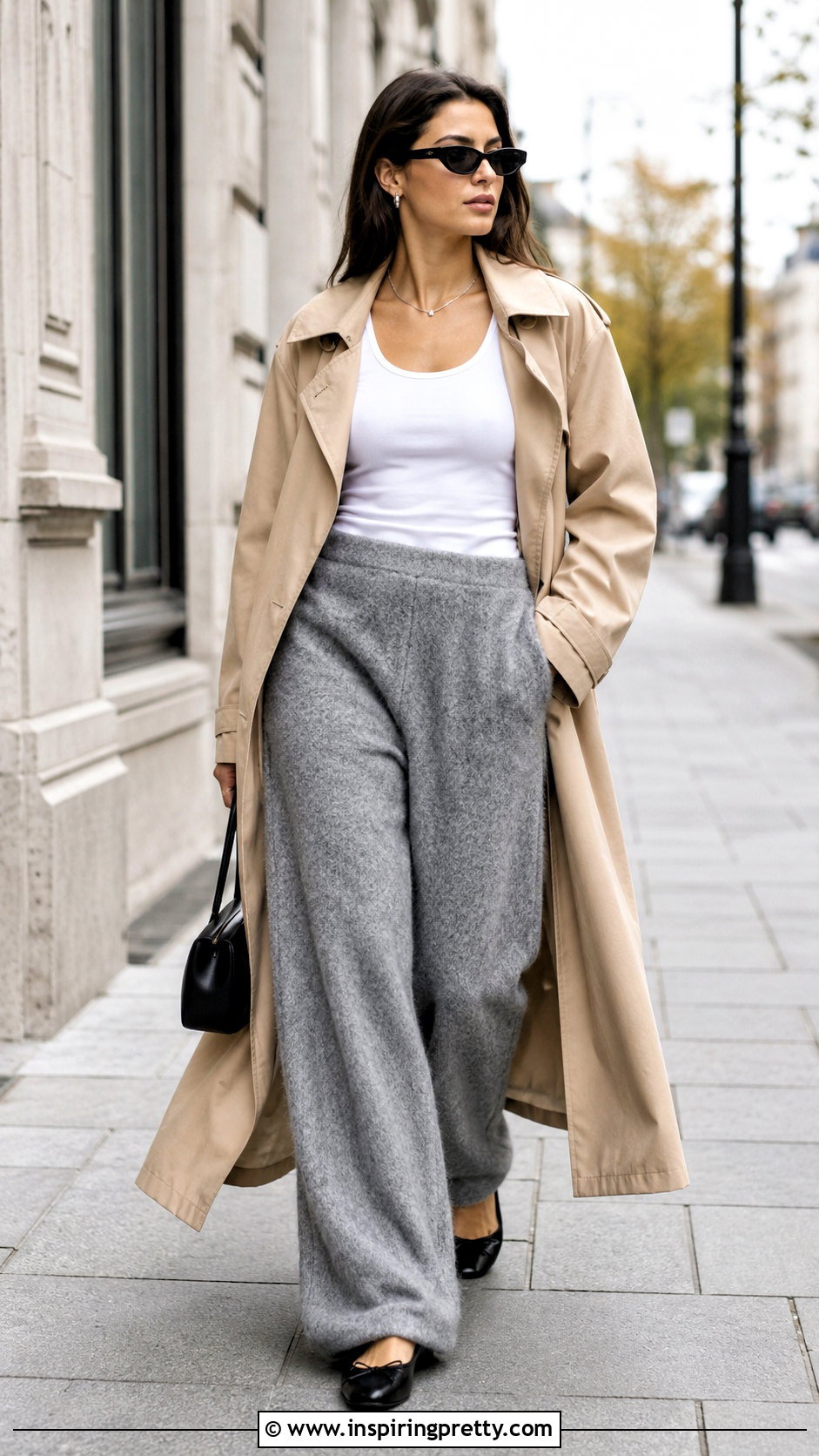 Fluffy Grey Trousers And White Tank Top With A Trench Coat - 20 fluffy grey trousers and a white tank top outfits