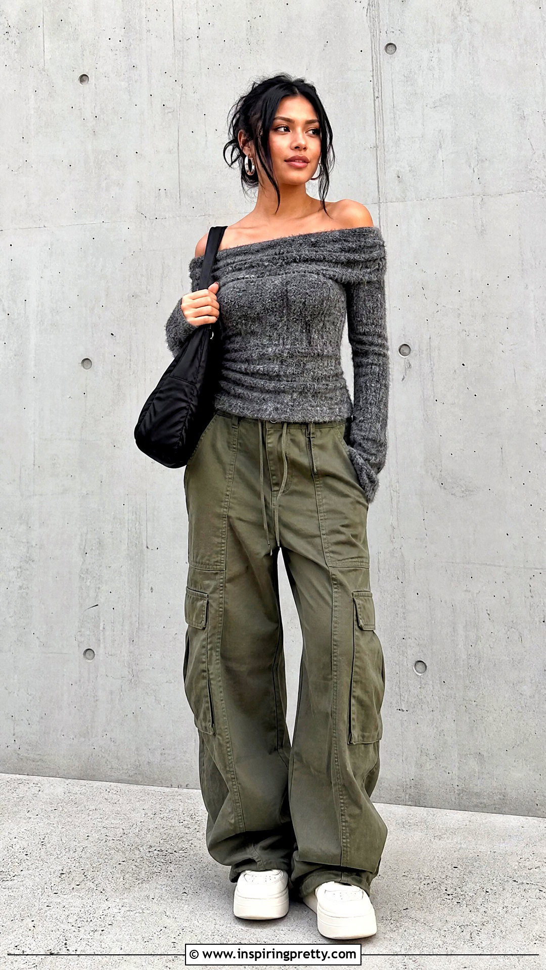 Fluffy Off The Shoulder Top With Cargo Pants - 25 Fluffy Off The Shoulder Top outfit ideas