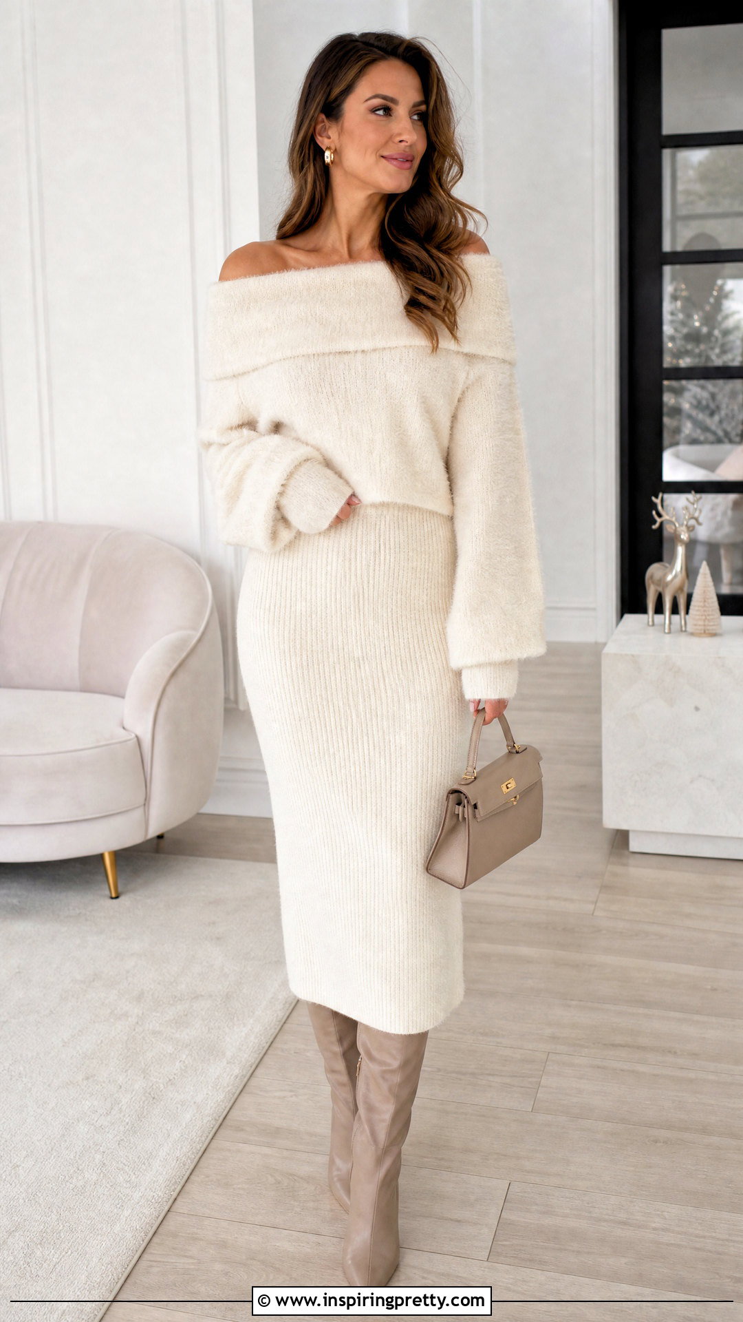 Fluffy Off The Shoulder Top With Matching Knit Skirt - 25 Fluffy Off The Shoulder Top outfit ideas