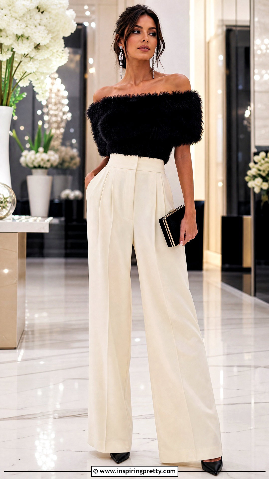 Fluffy Off The Shoulder Top With Palazzo Pants - 25 Fluffy Off The Shoulder Top outfit ideas