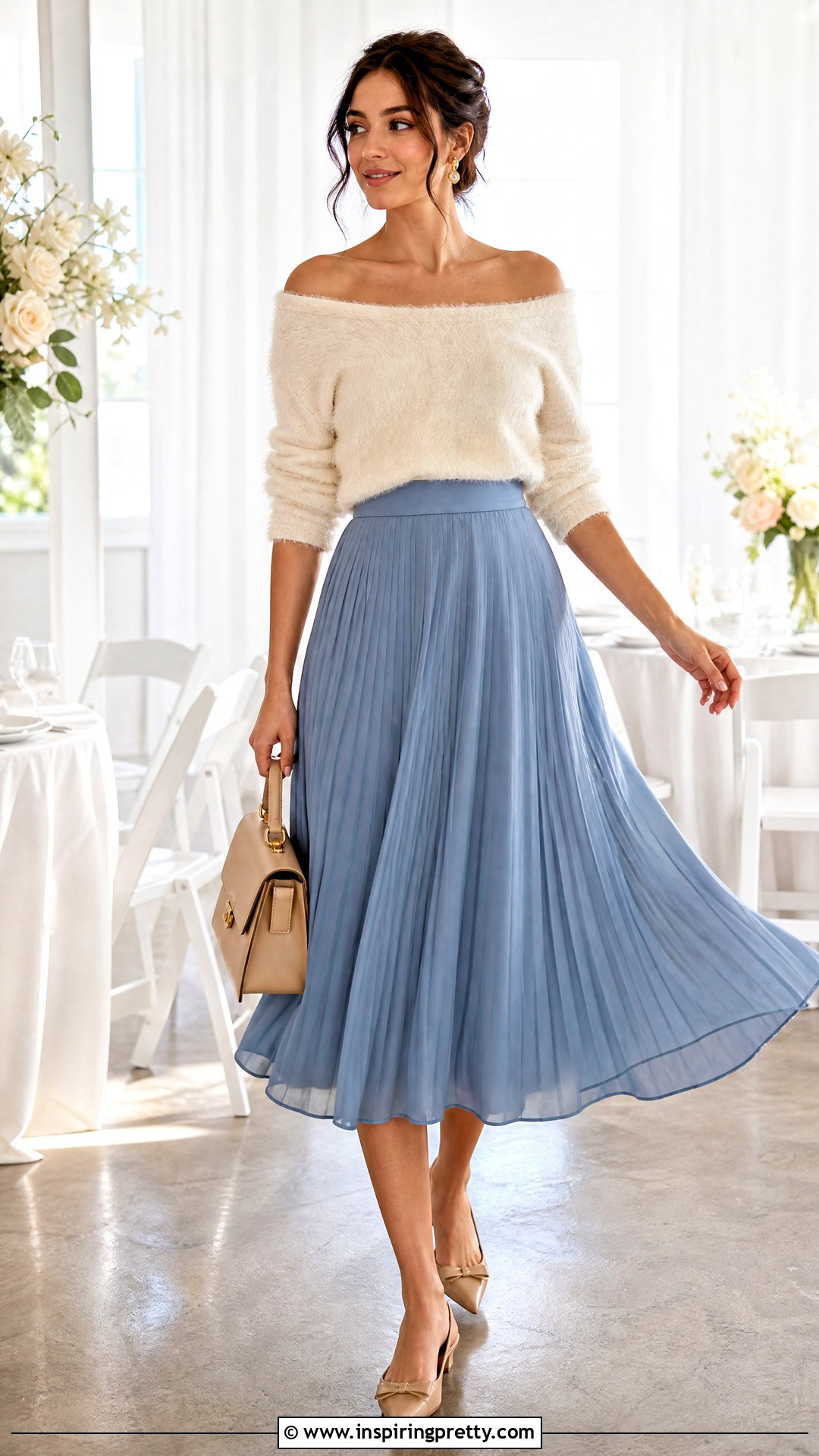 Fluffy Off The Shoulder Top With Pleated Midi Skirt - 25 Fluffy Off The Shoulder Top outfit ideas