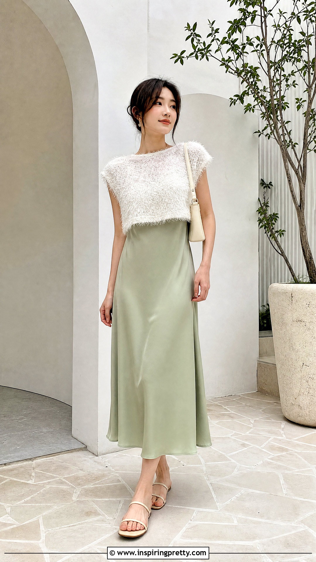 Fluffy White Crop Top Over A Slip Dress - 20 fluffy white crop top outfit ideas