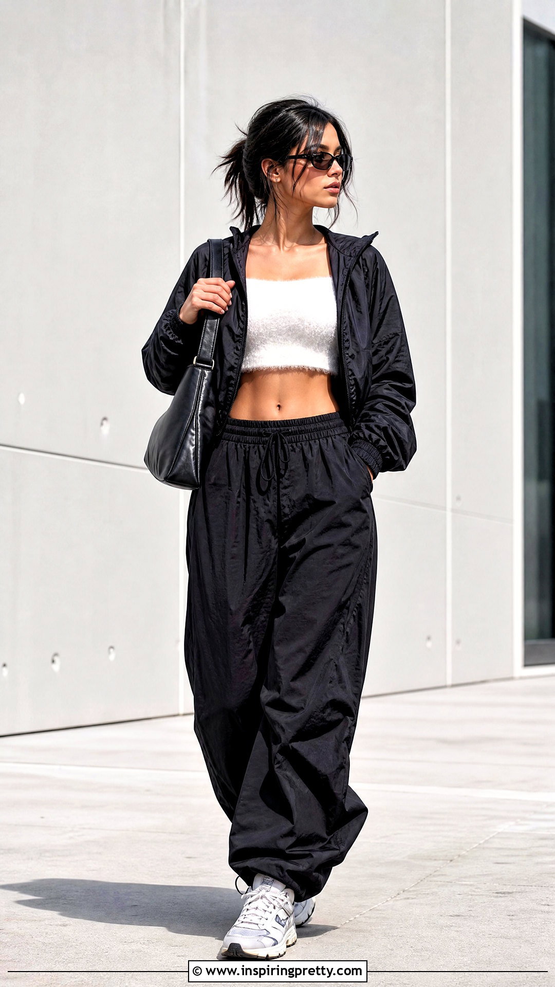 Fluffy White Crop Top With Black Parachute Pants - 20 fluffy white crop top outfit ideas