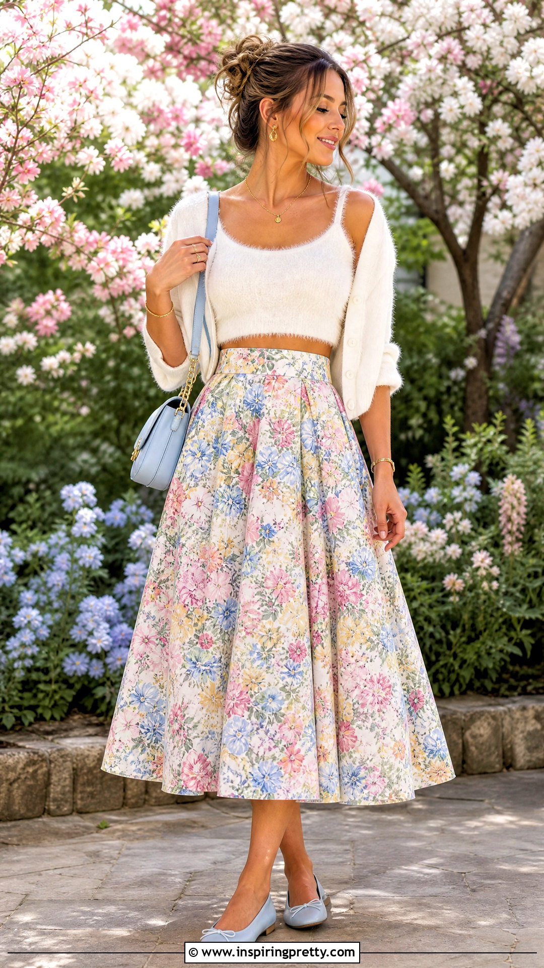 Fluffy White Crop Top With Floral Midi Skirt - 20 fluffy white crop top outfit ideas