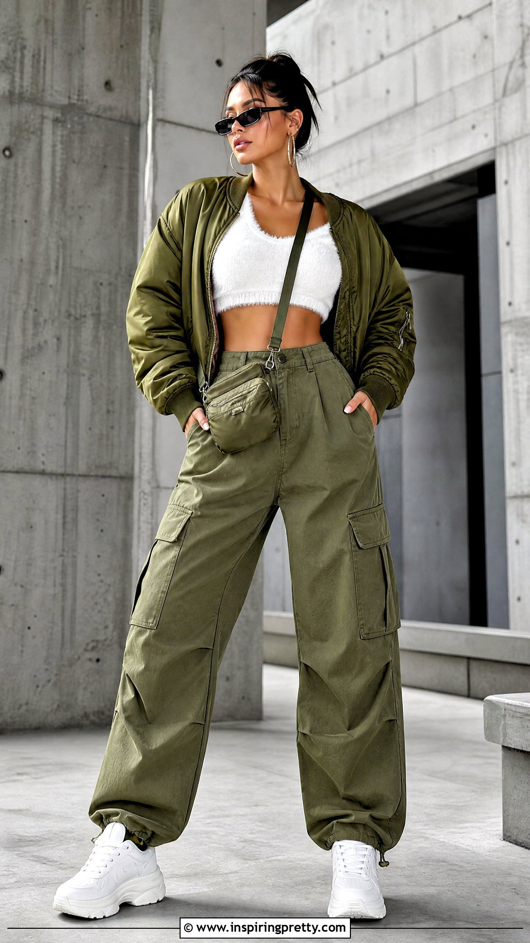 Fluffy White Crop Top With Olive Cargo Pants - 20 fluffy white crop top outfit ideas
