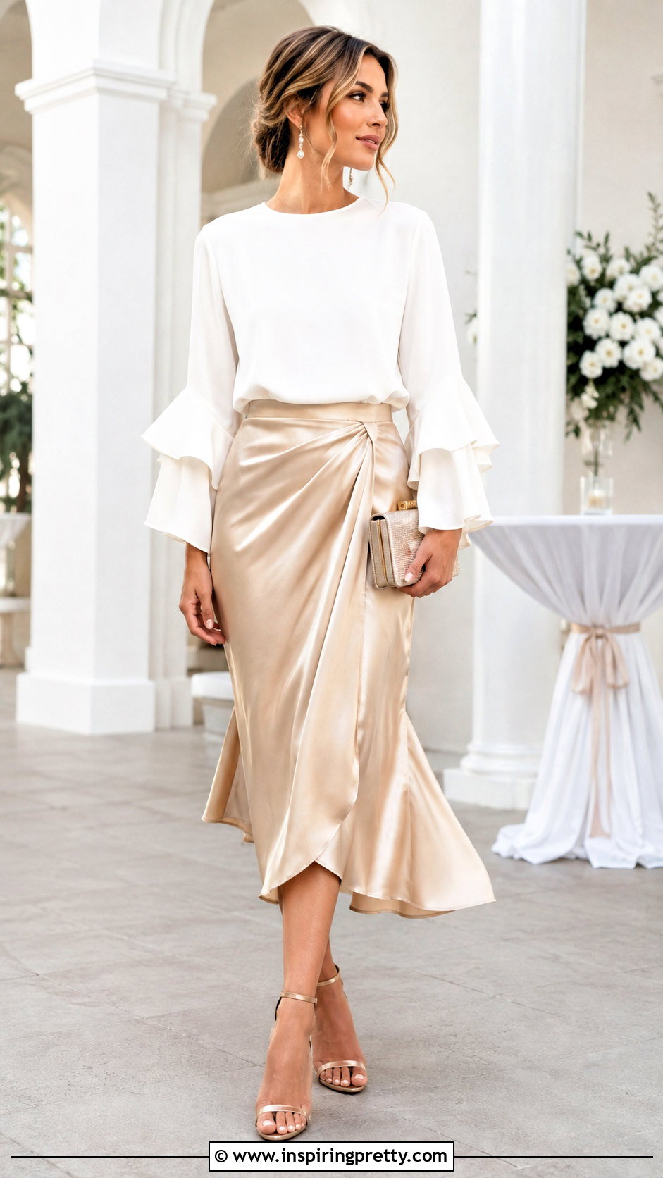 Fluted Sleeve Top With Satin Midi Skirt - 25 Fluted Sleeve Top outfit ideas