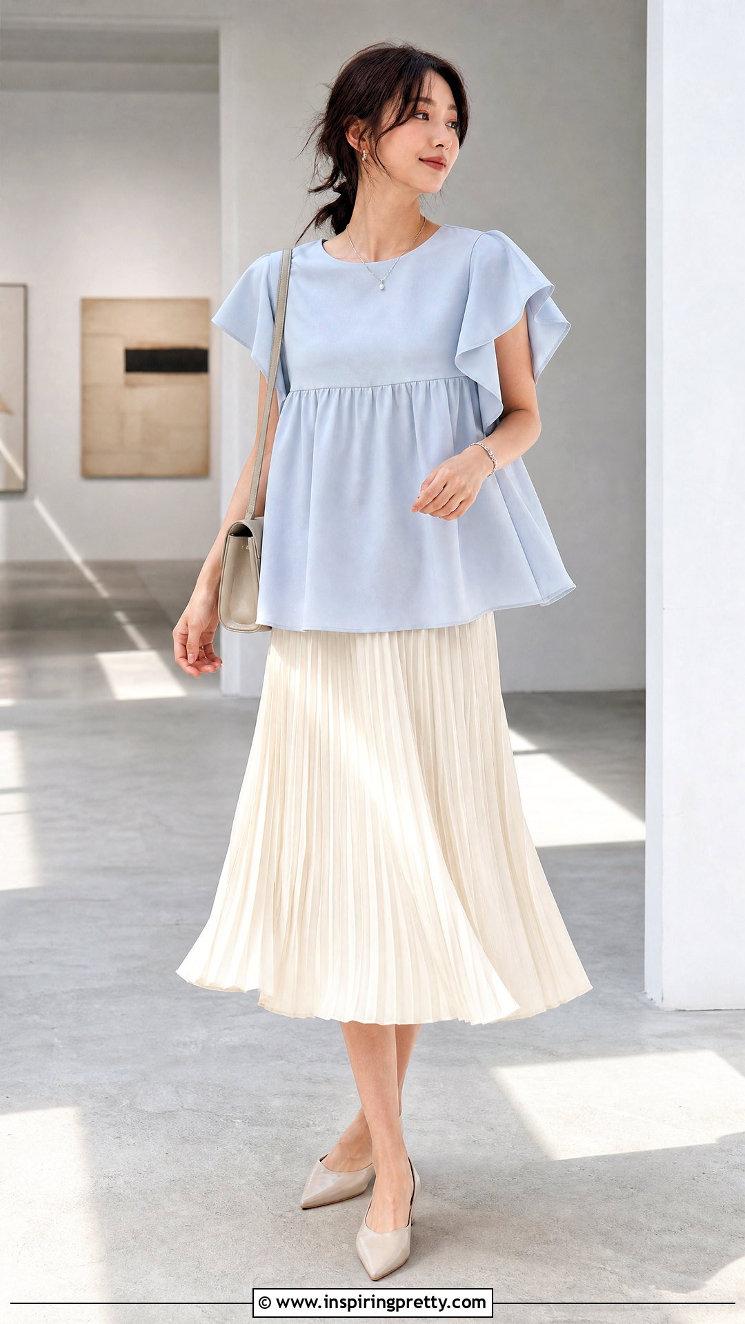 Flutter Sleeve Babydoll Top With Pleated Midi Skirt - 25 easy flutter sleeve babydoll top outfit ideas