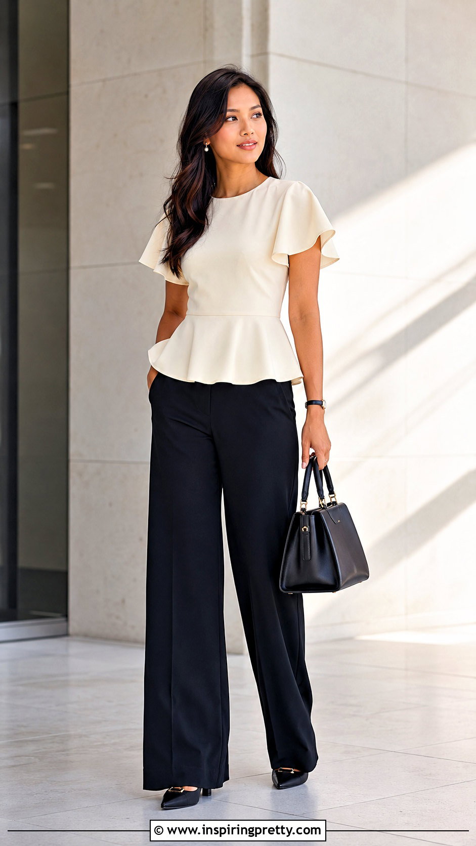 Flutter Sleeve Peplum Top With Wide Leg Trousers - 25 flutter sleeve peplum top outfit ideas