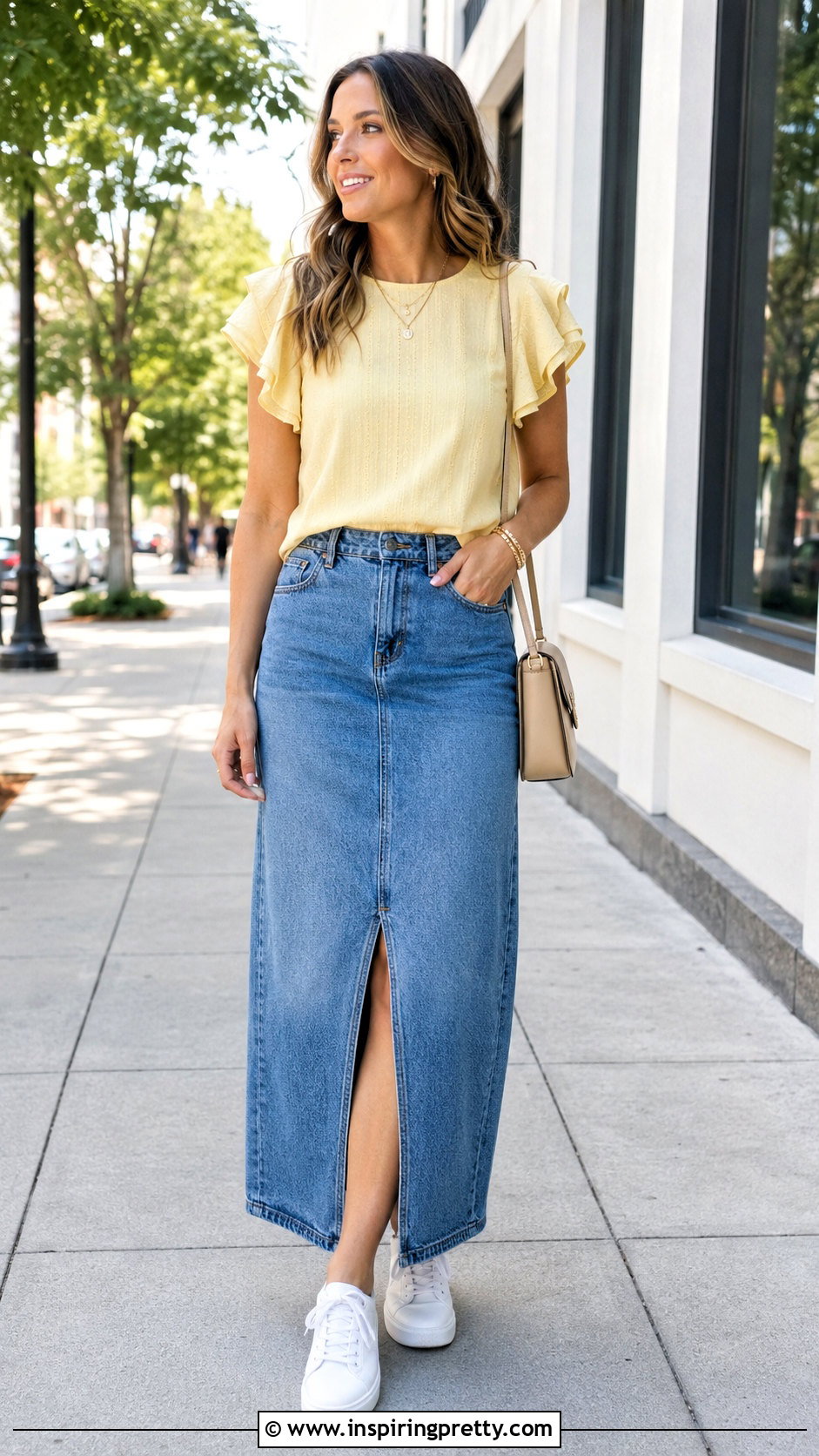 Flutter Sleeve Top With Maxi Jeans - 50 girly tops outfit ideas