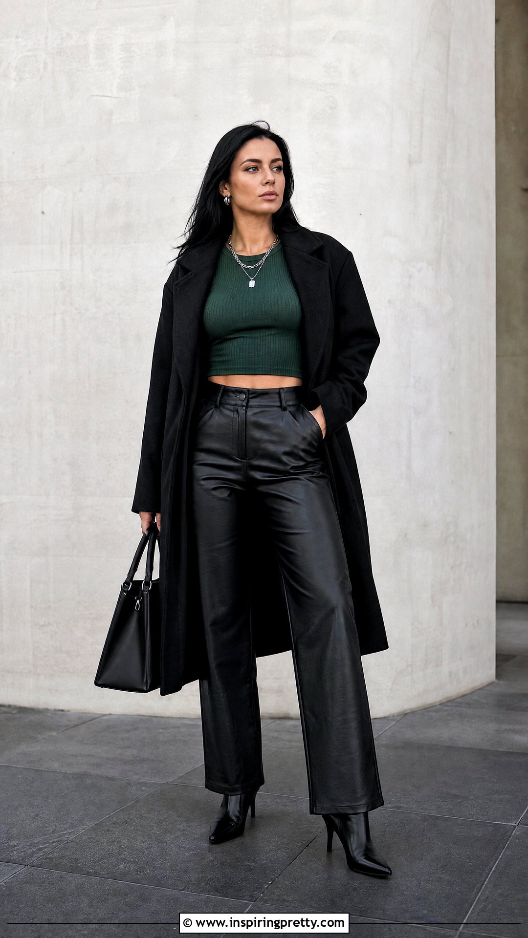 Forest Green Crop Top With Leather Pants - 25 Green Crop Top Aesthetic ideas