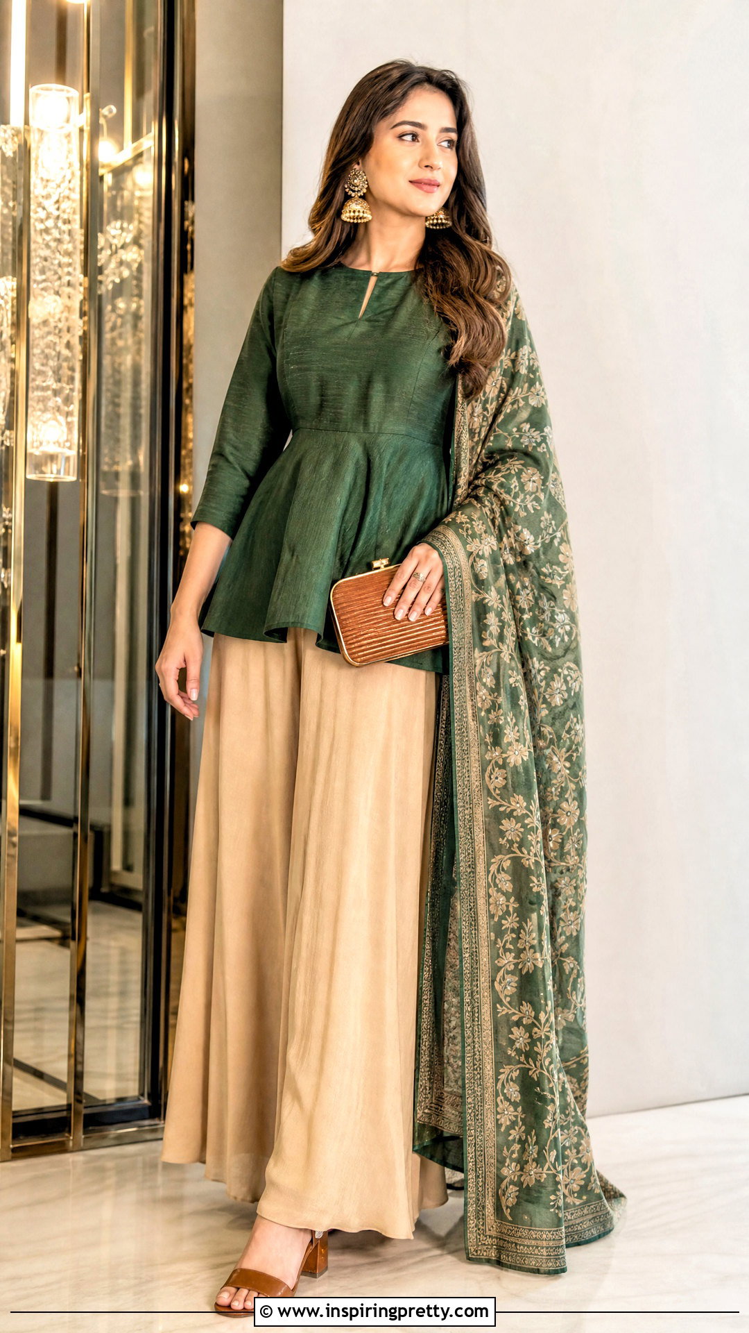 Forest Green Indian Peplum Top With Beige Palazzo Pants - 50 indian peplum top outfits