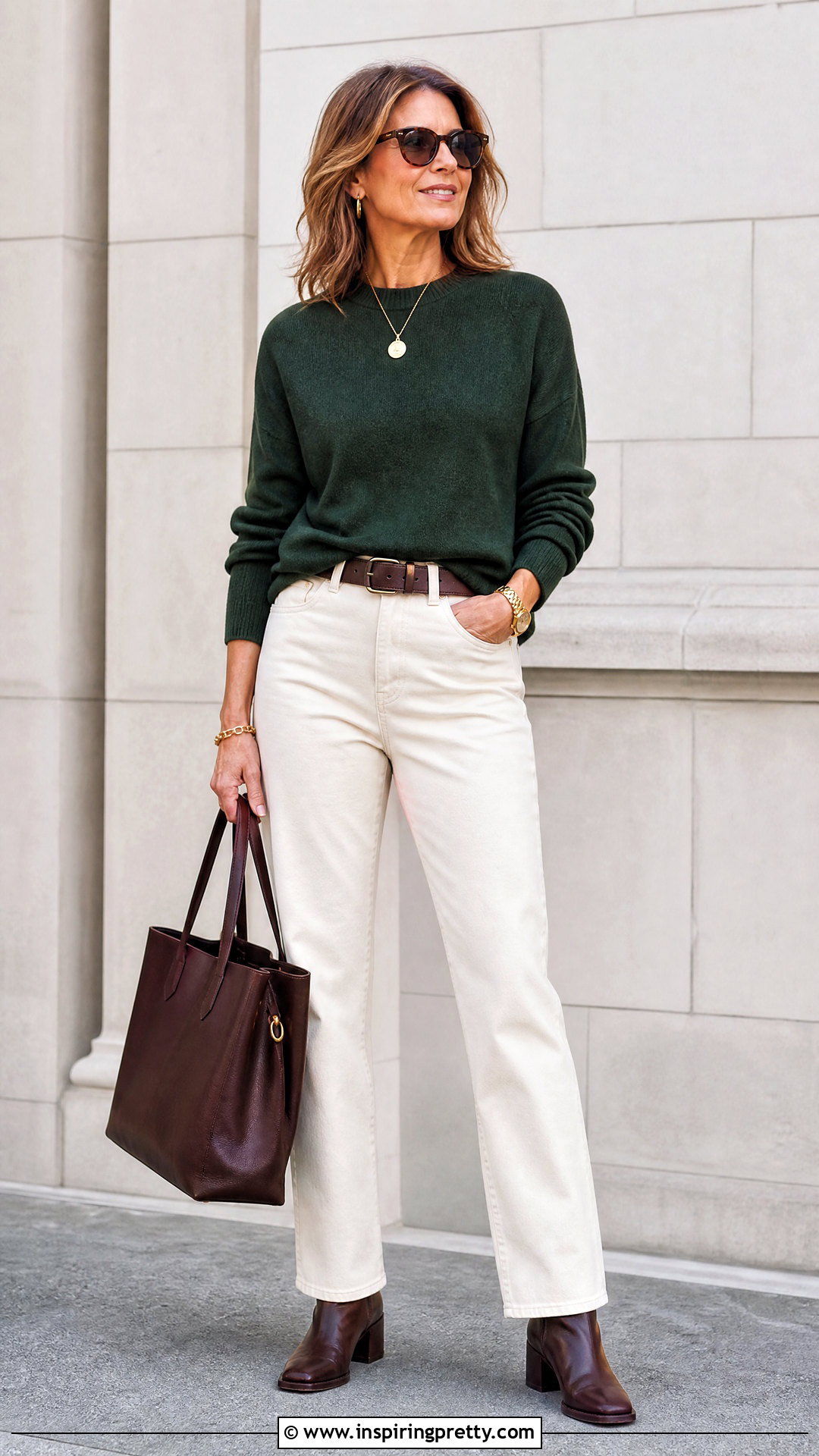 Forest Green Sweater With Cream Jeans - 20 Green Top Fashion Trend outfit ideas