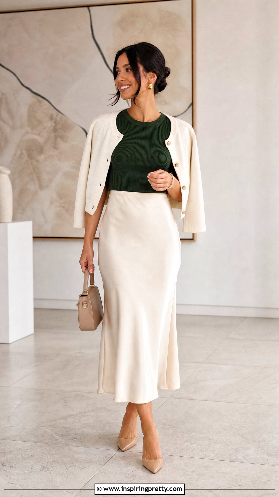 Forest Green Top With Cream Satin Midi Skirt - 20 Forest Green Top Women outfit ideas