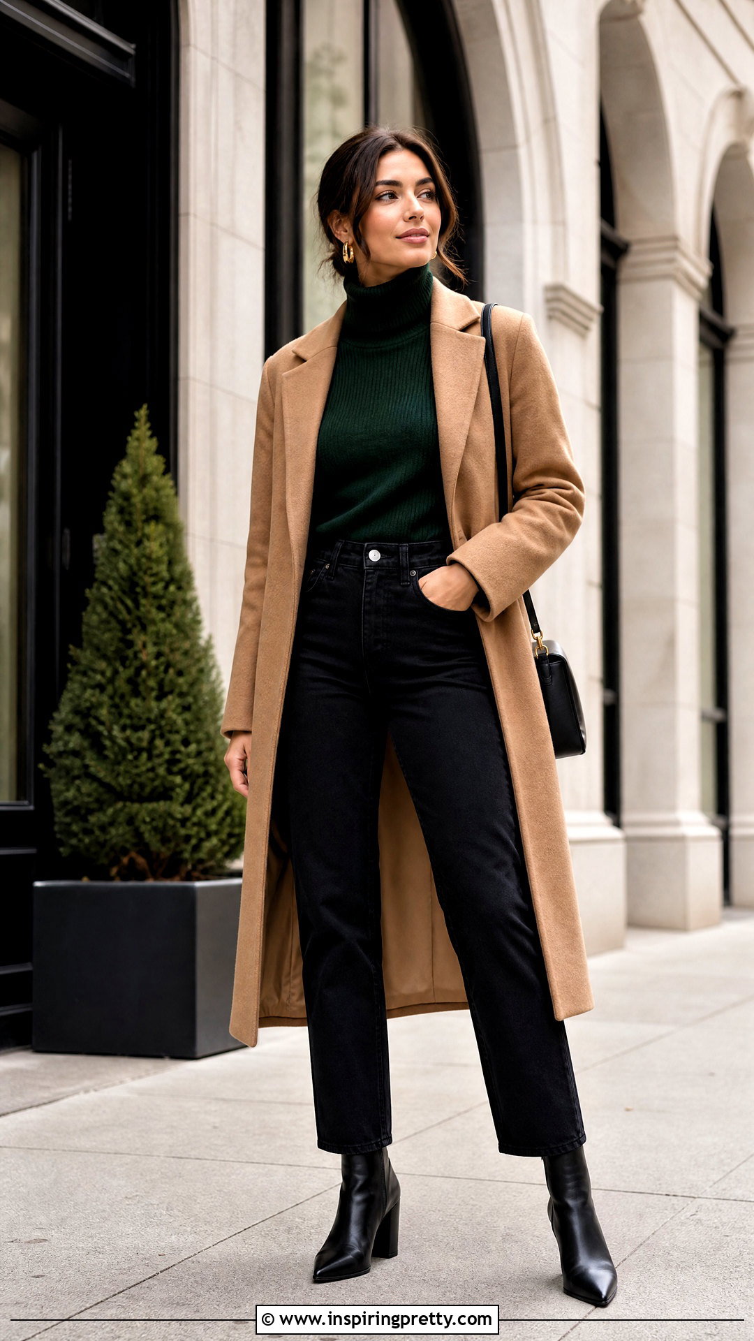Forest Green Turtleneck With Black Jeans - 50 green top and jeans outfit ideas