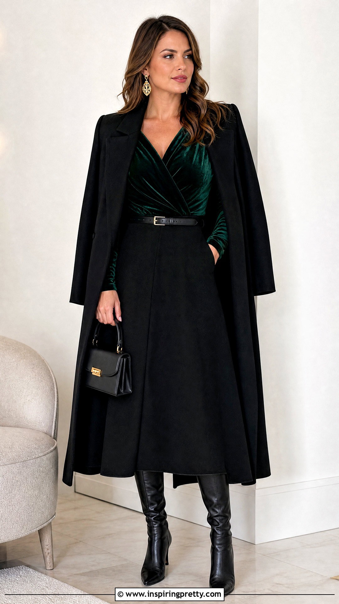 Forest Green Velvet Top With Black Midi Skirt - 20 forest green velvet top outfit ideas