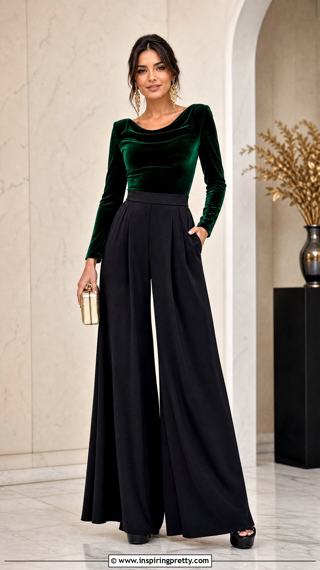 Forest Green Velvet Top With Black Palazzo Pants - 20 forest green velvet top outfit ideas