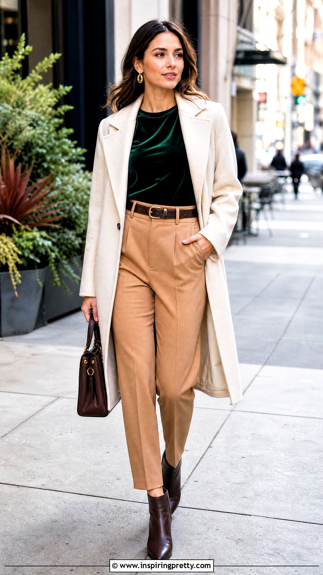 Forest Green Velvet Top With Camel Trousers - 20 forest green velvet top outfit ideas