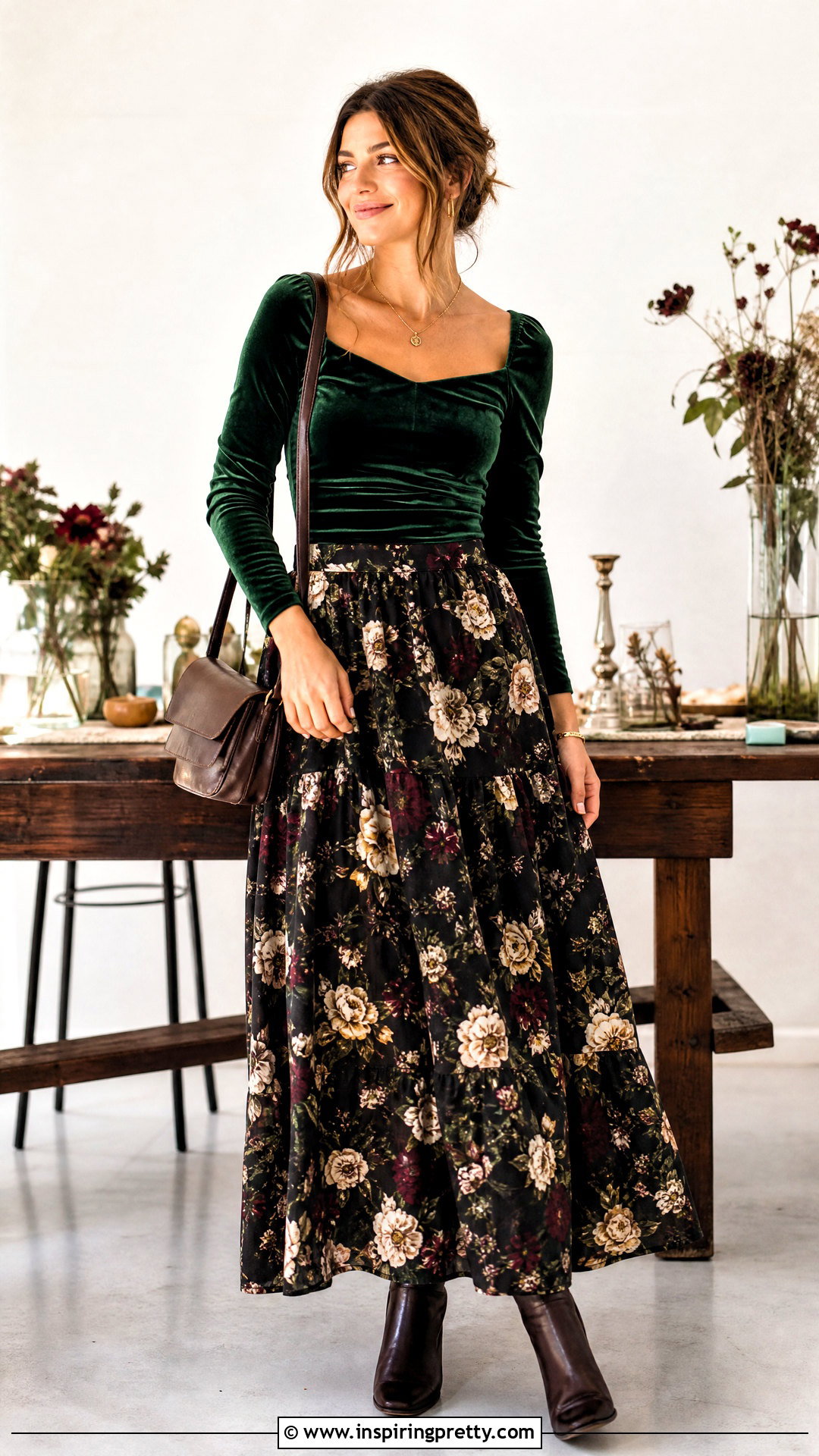 Forest Green Velvet Top With Floral Maxi Skirt - 20 forest green velvet top outfit ideas