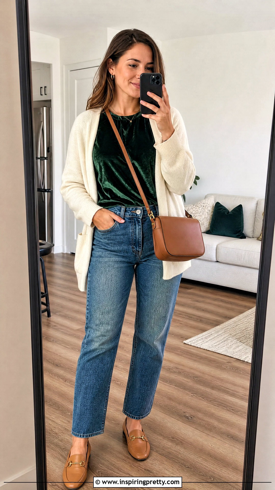 Forest Green Velvet Top With Straight Jeans And Cardigan - 20 forest green velvet top outfit ideas