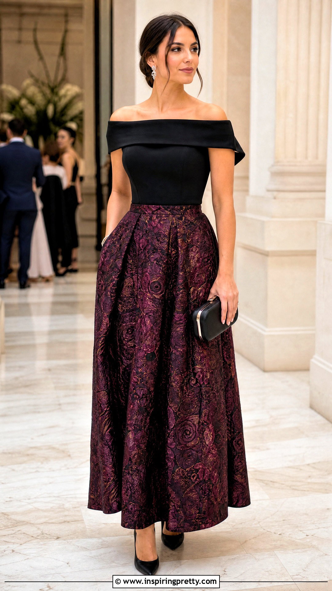 Formal Off Shoulder Top With Jacquard Maxi Skirt - 50 off shoulder top with skirt outfit ideas