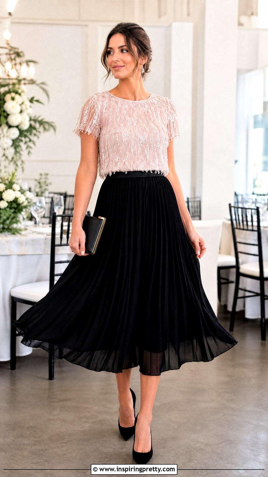 Frayed Sequin Top With Pleated Midi Skirt - 20 Frayed Sequin Top outfit ideas