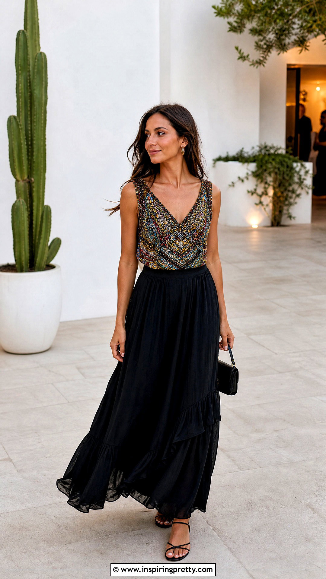 Free People Beaded Top With Black Maxi Skirt And Strappy Sandals - 25 free people beaded top outfit ideas