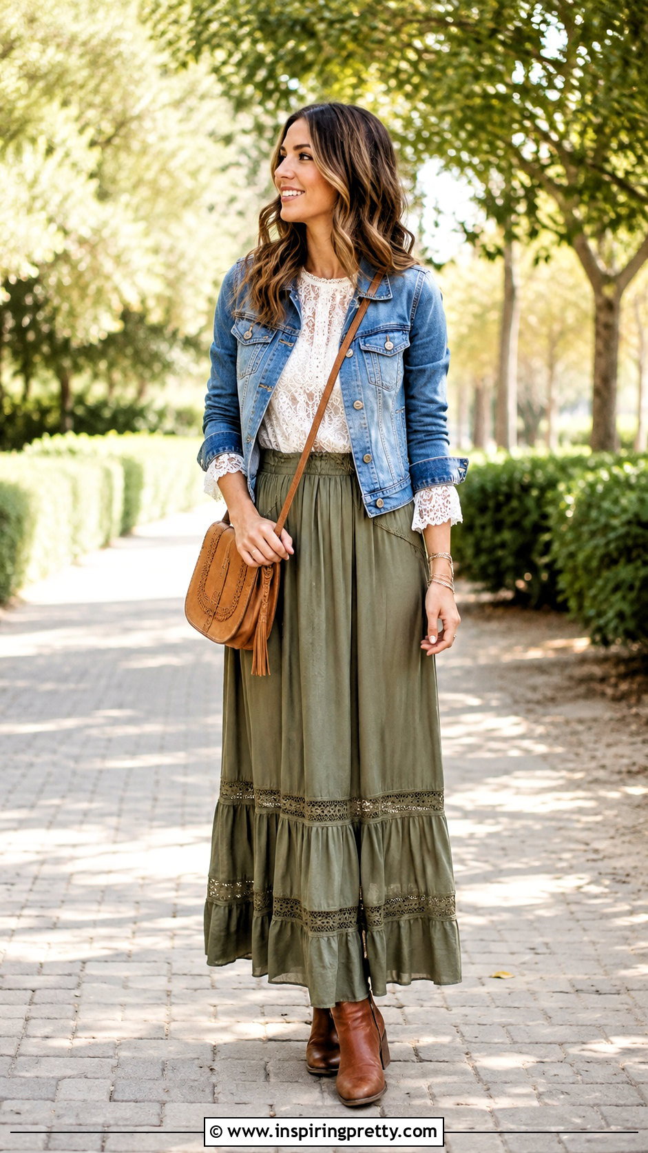 Free People Lace Top With Denim Jacket And Maxi Skirt - How To Style Free People Lace Top (25 Ways)