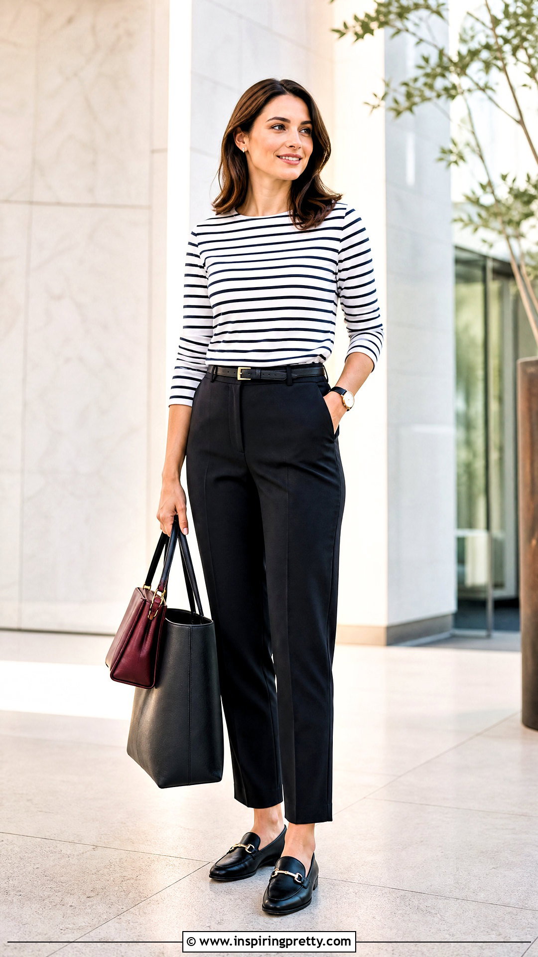 French Striped Top With Black Tailored Trousers - 25 French Striped Top outfit ideas