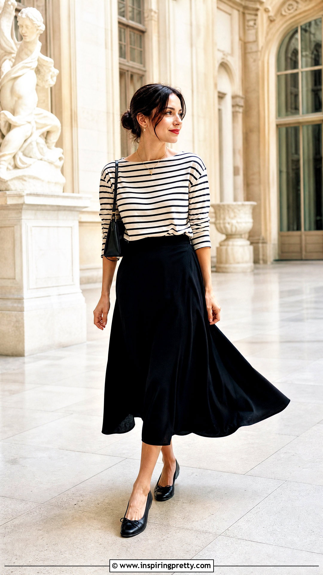 French Striped Top With a Black Midi Skirt - 25 French Striped Top outfit ideas
