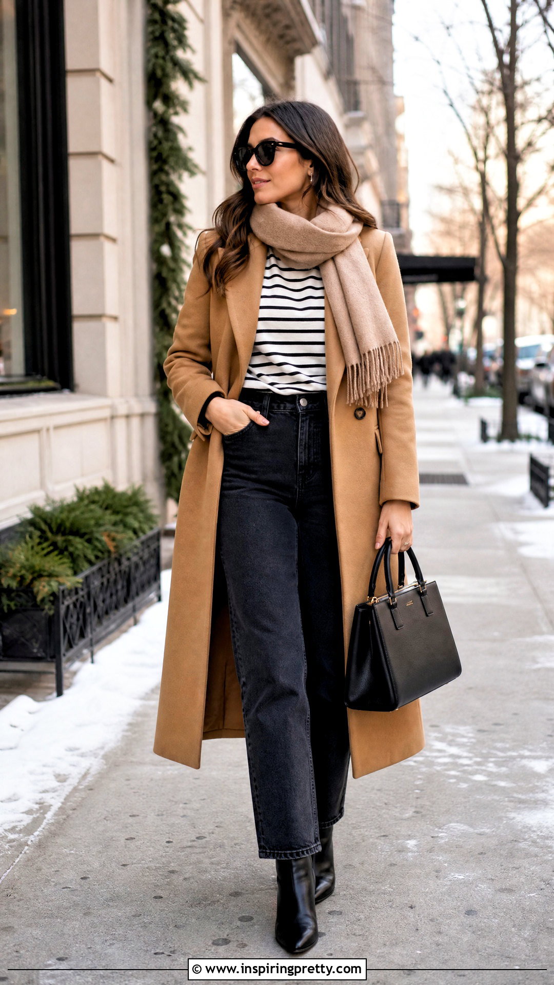 French Striped Top With a Camel Coat - 25 French Striped Top outfit ideas