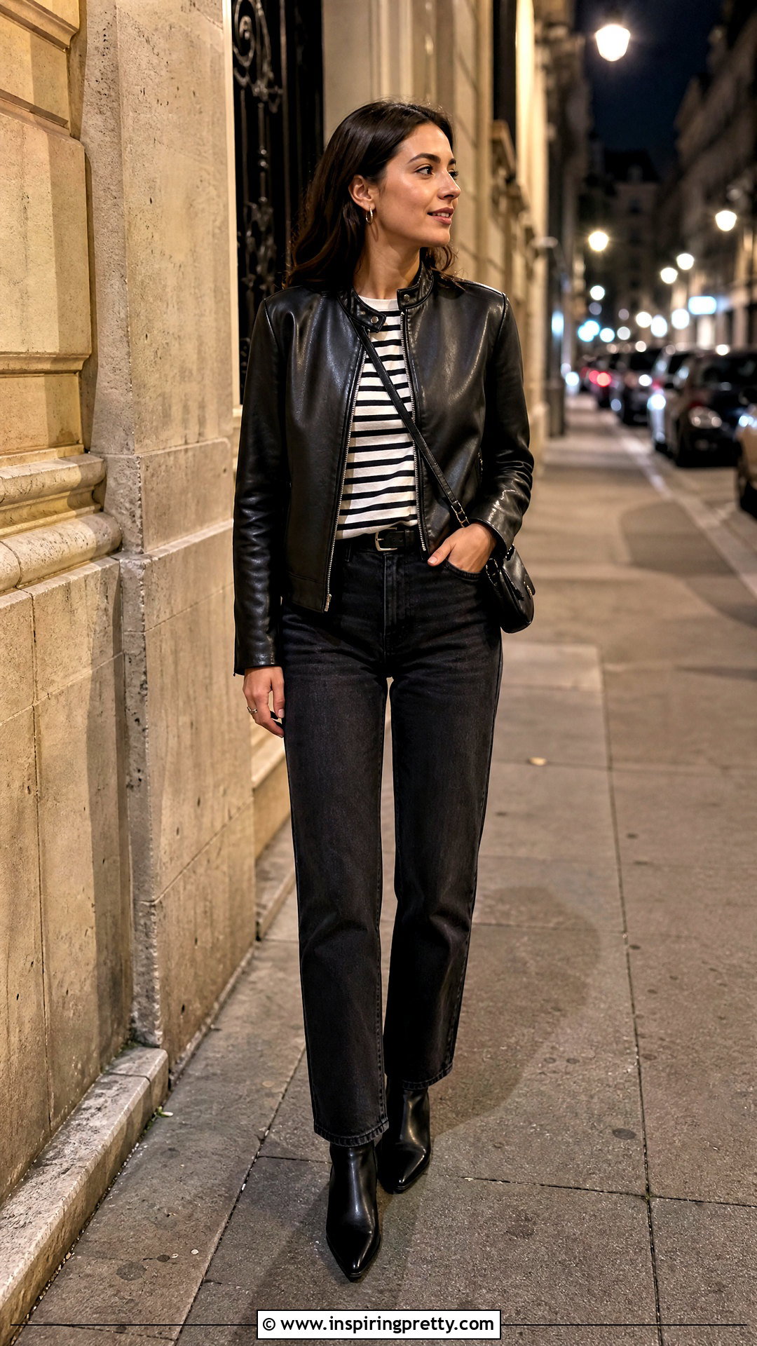 French Striped Top With a Leather Jacket - 25 French Striped Top outfit ideas