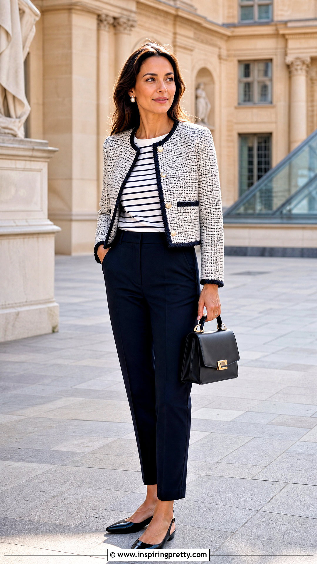 French Striped Top With a Tweed Jacket - 25 French Striped Top outfit ideas