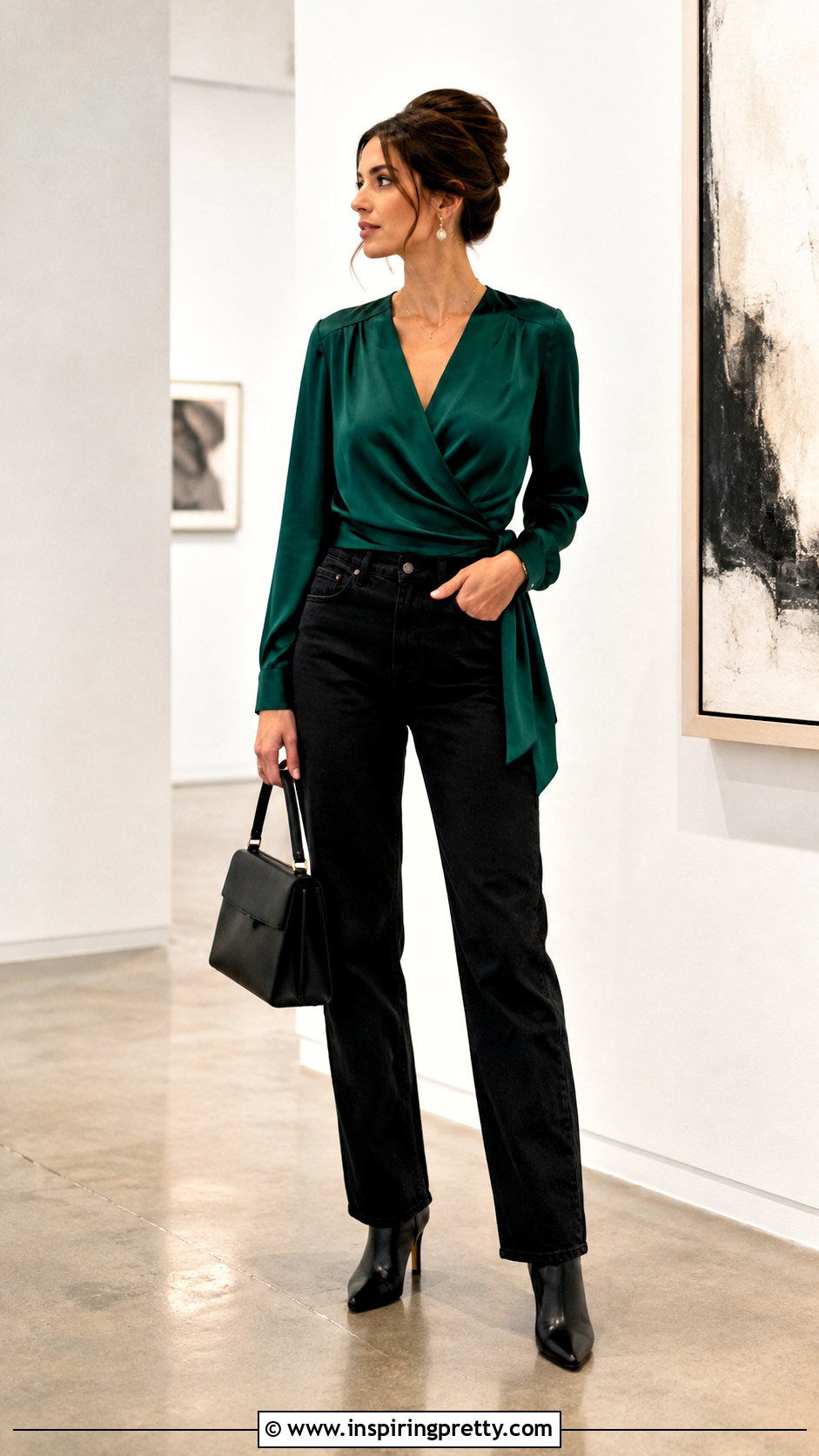 French Twist With Black Jeans And Wrap Top - 50 hairstyles for jeans and tops