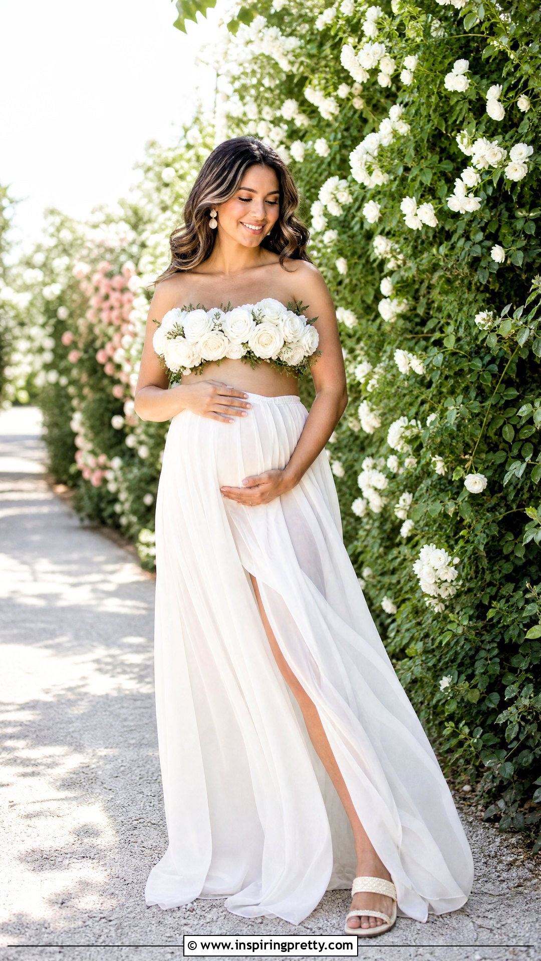 Fresh Flower Top With White Maxi Skirt - 20 maternity flower top photoshoot ideas