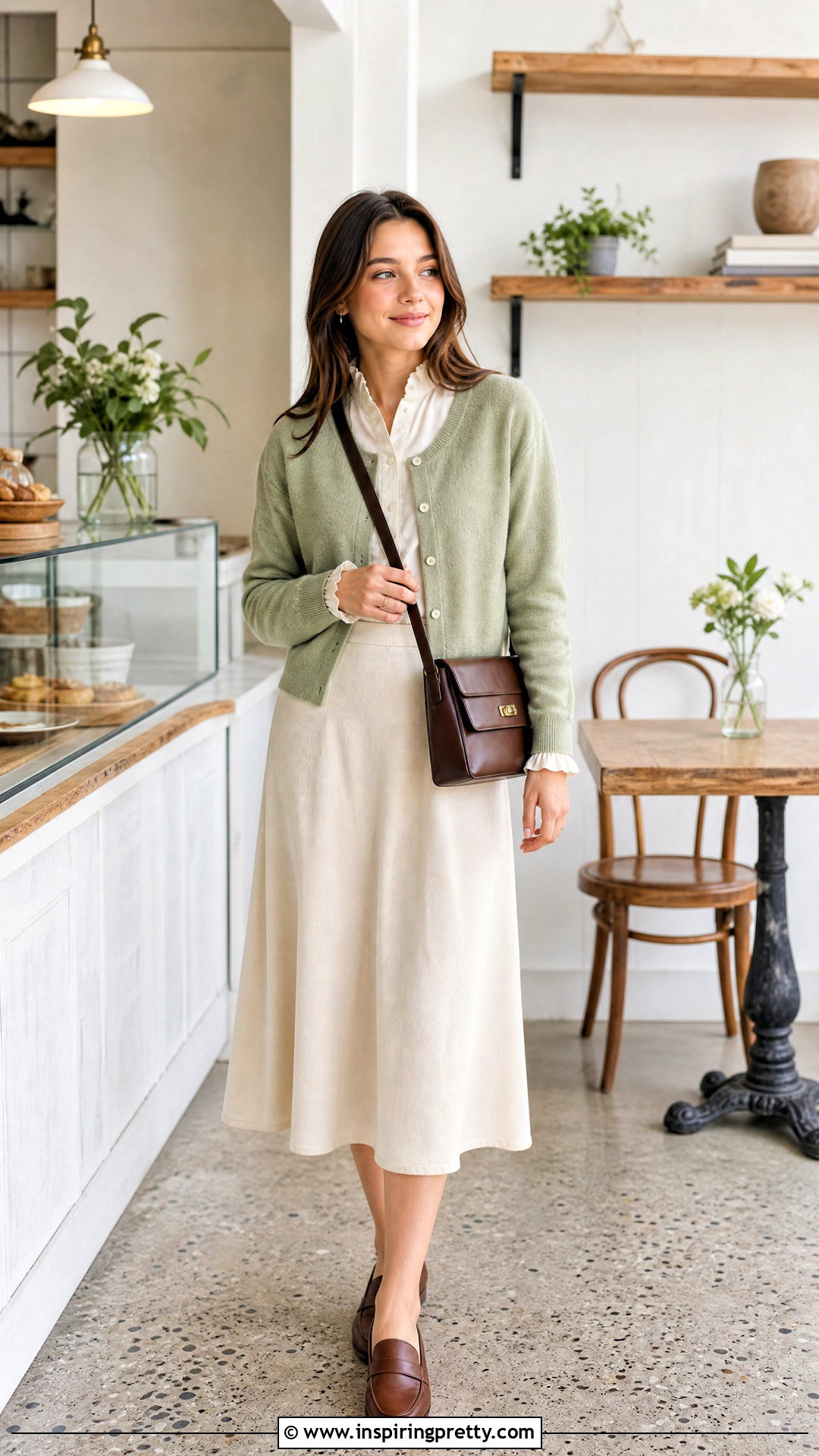Frill Top With Cardigan And Midi Skirt - 50 frill top outfit ideas