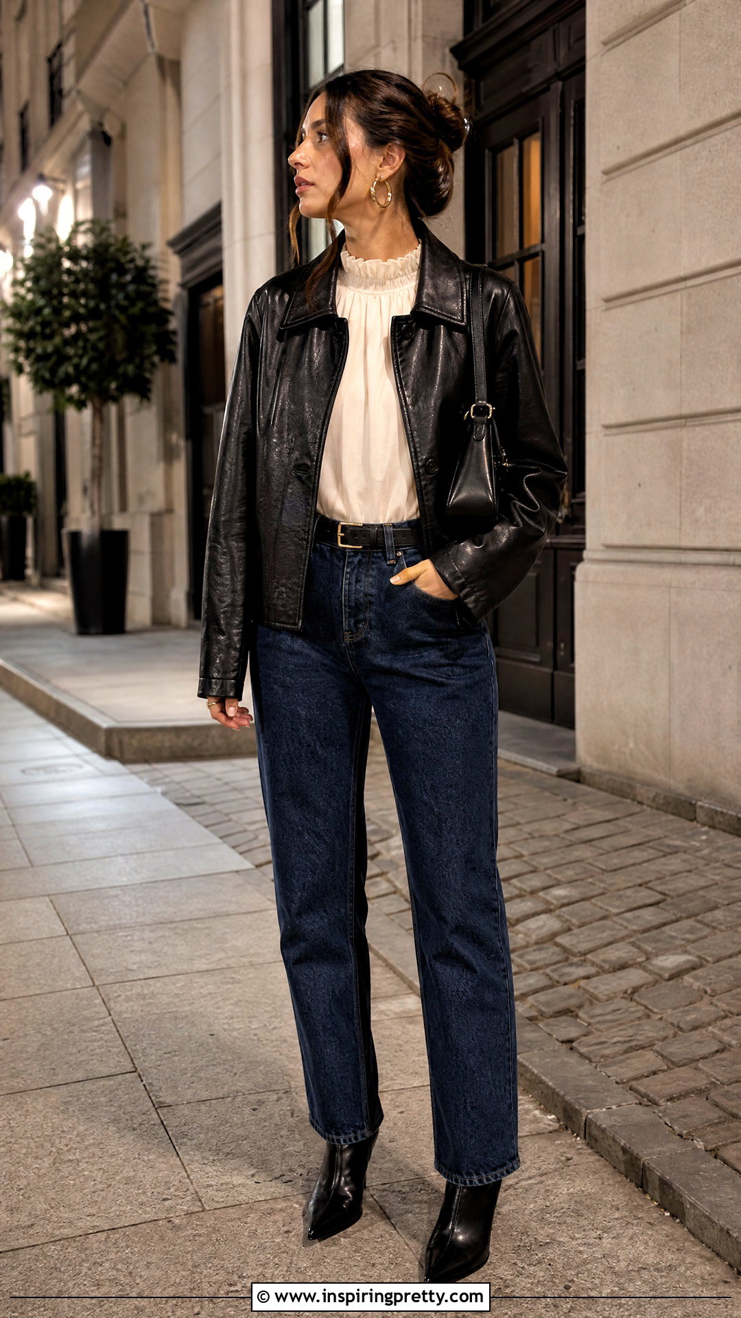 Frill Top With Leather Jacket And Jeans - 50 frill top outfit ideas
