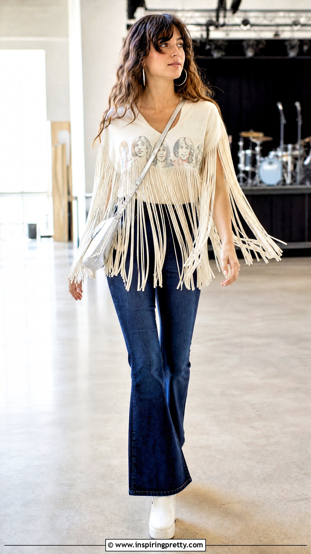 Fringe ABBA Top With Denim Flares - 25 Abba Style Tops outfit ideas