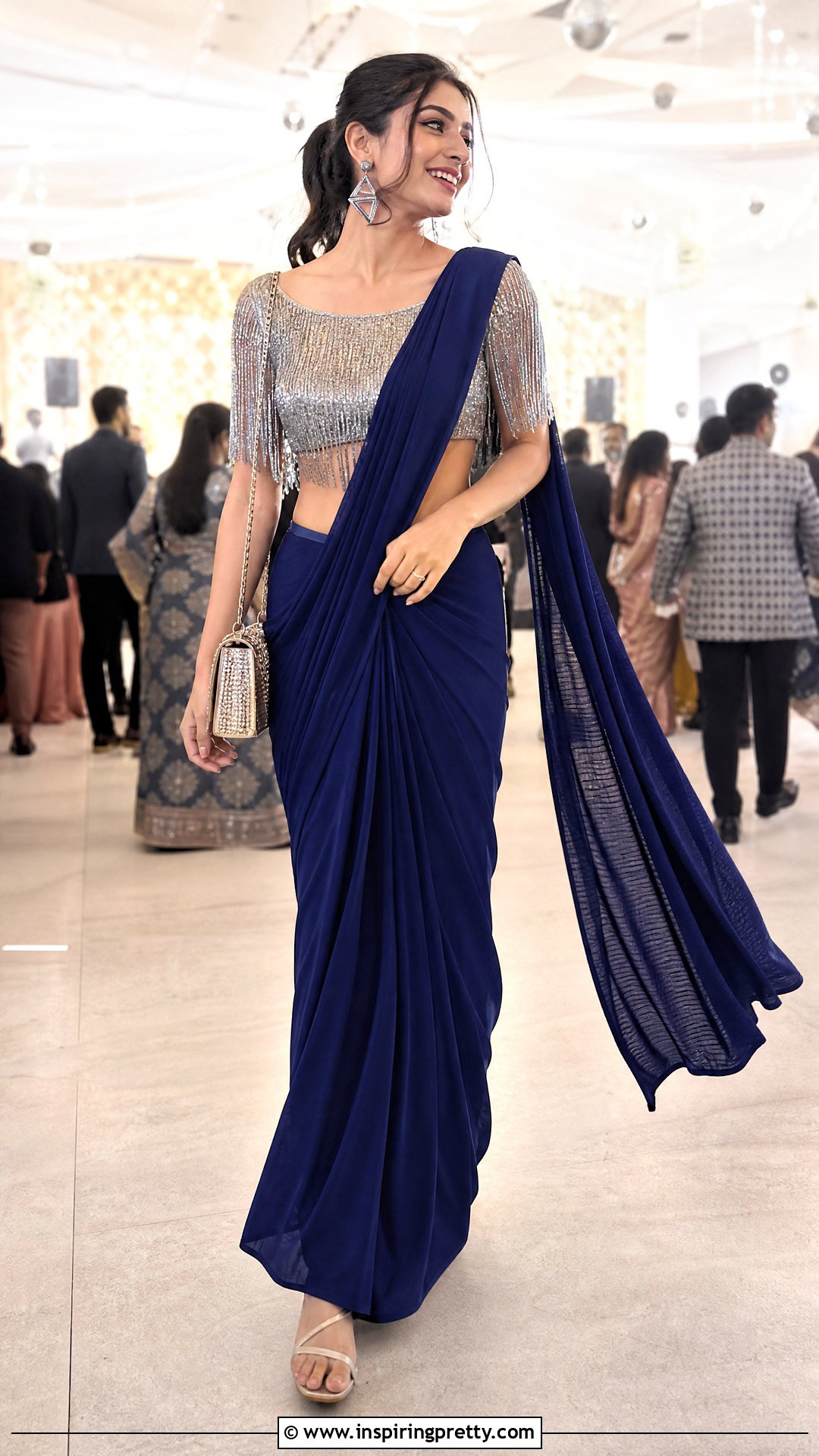 Fringe Boat Neck Crop Top Blouse With Pre Draped Saree - 20 Crop Top Blouse Designs Latest Boat Necks