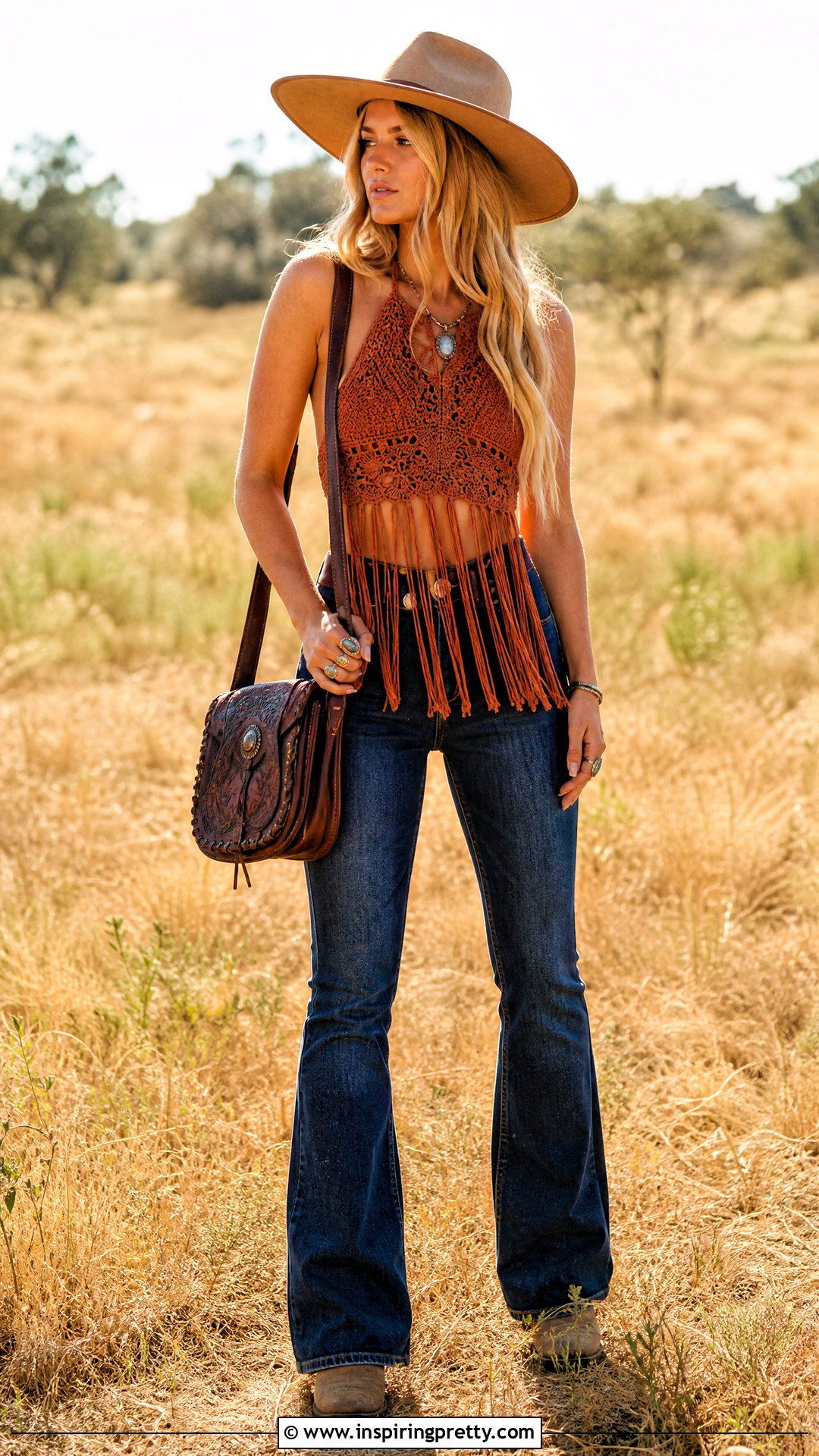 Fringe Crochet Top With Flared Jeans - 20 crochet top on grass outfit ideas