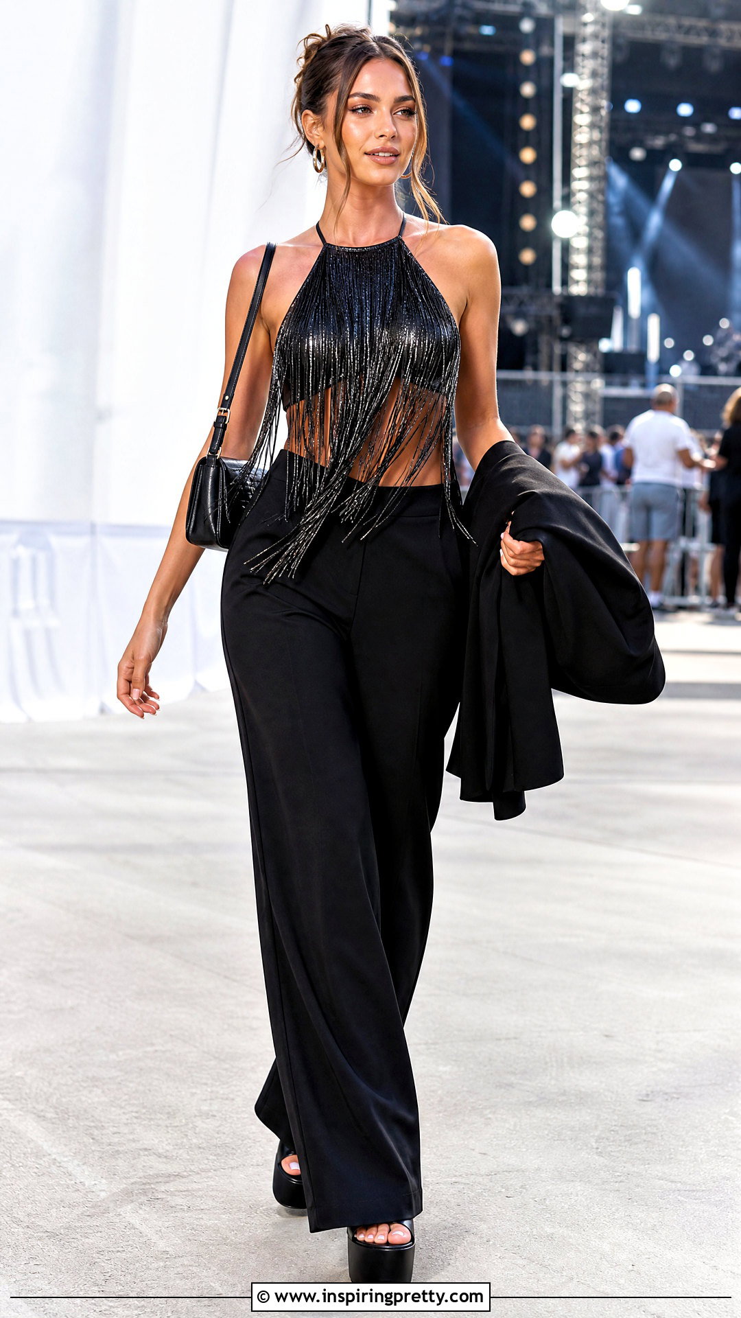Fringe Halter Top With Wide Leg Trousers - 50 going out tops outfit ideas