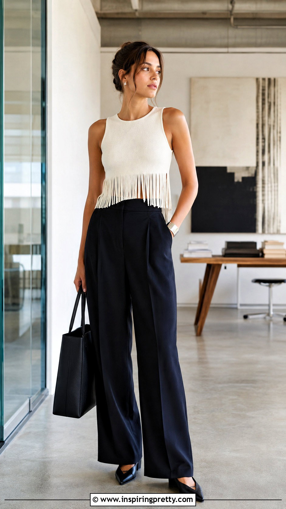 Fringe Tank Top With Wide Leg Trousers - 50 Fringe Top outfit ideas