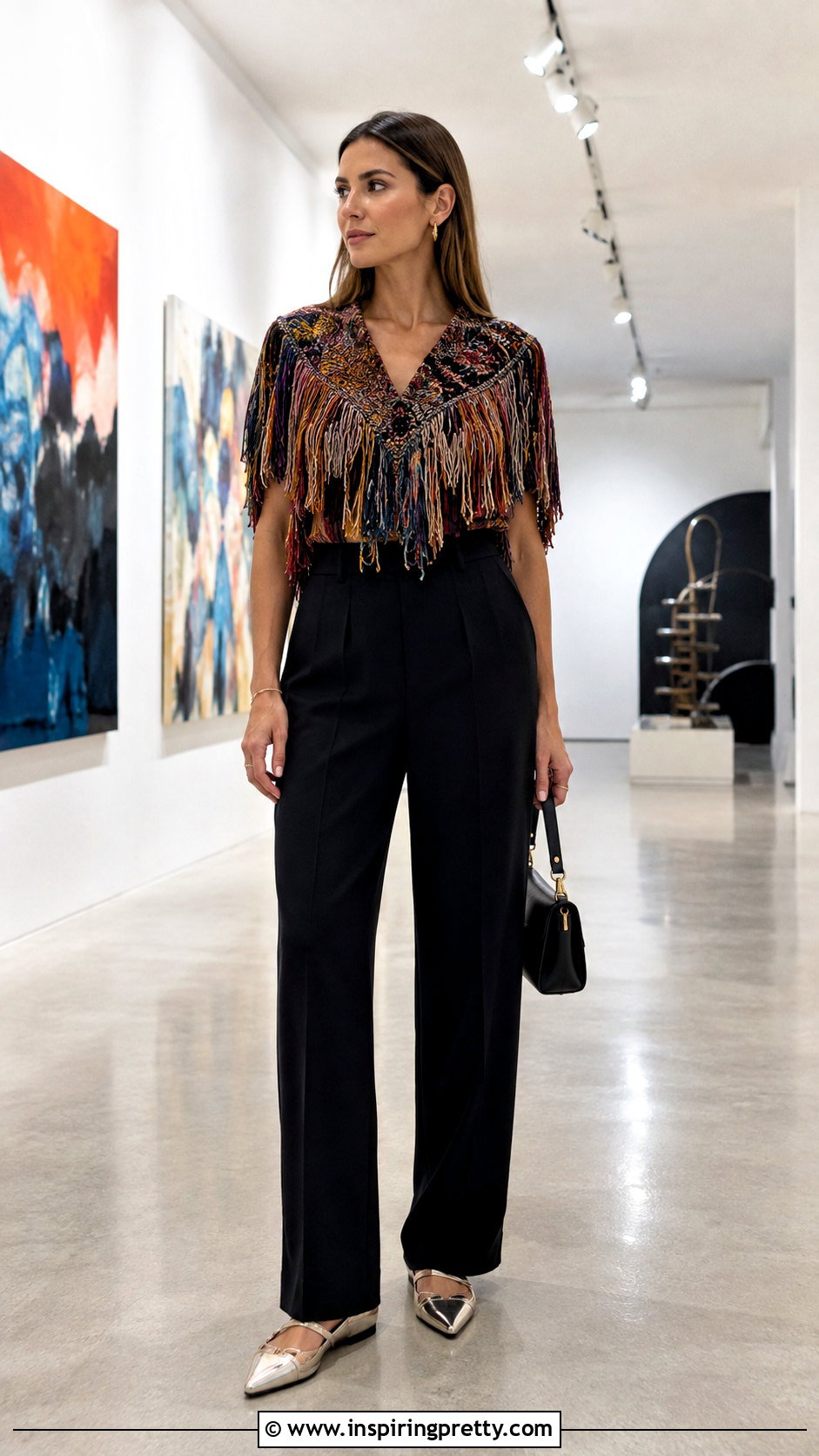 Fringe Top With Black Trousers - 50 fun tops outfit ideas