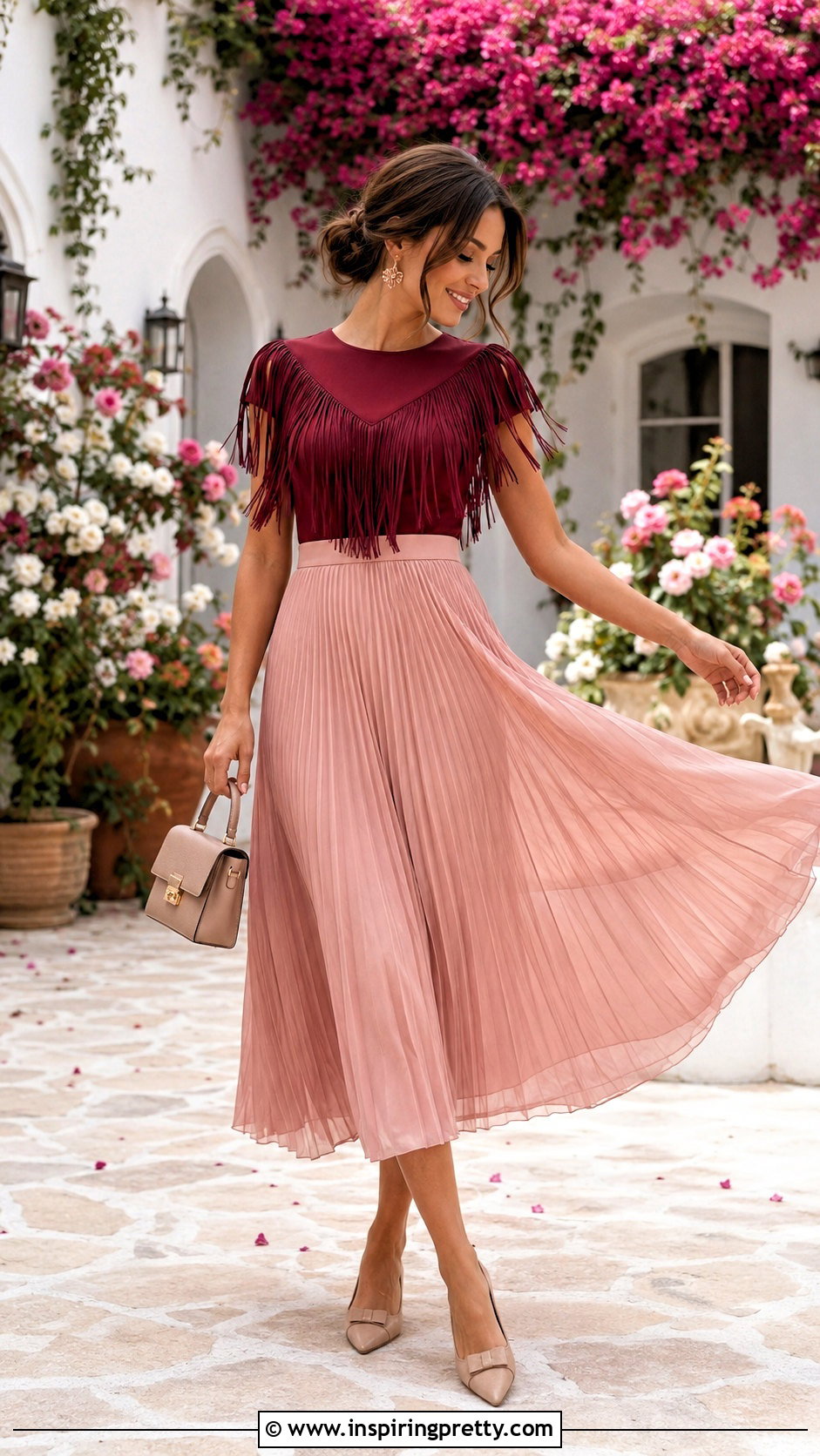 Fringe Top With Pleated Midi Skirt - 50 Fringe Top outfit ideas