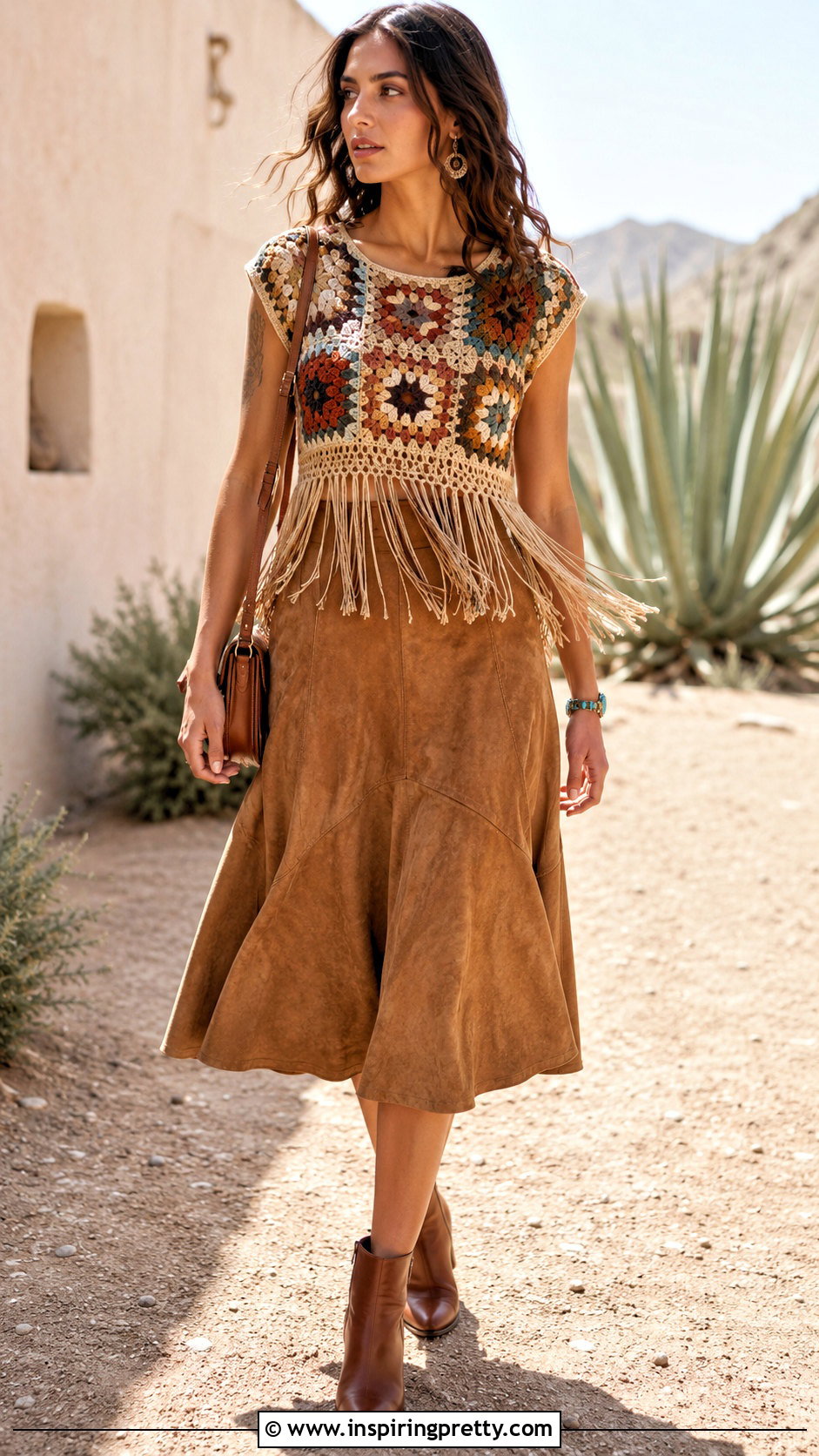 Fringed Crochet Granny Square Top With A Suede Skirt - 25 Crochet Granny Square Tops For Women